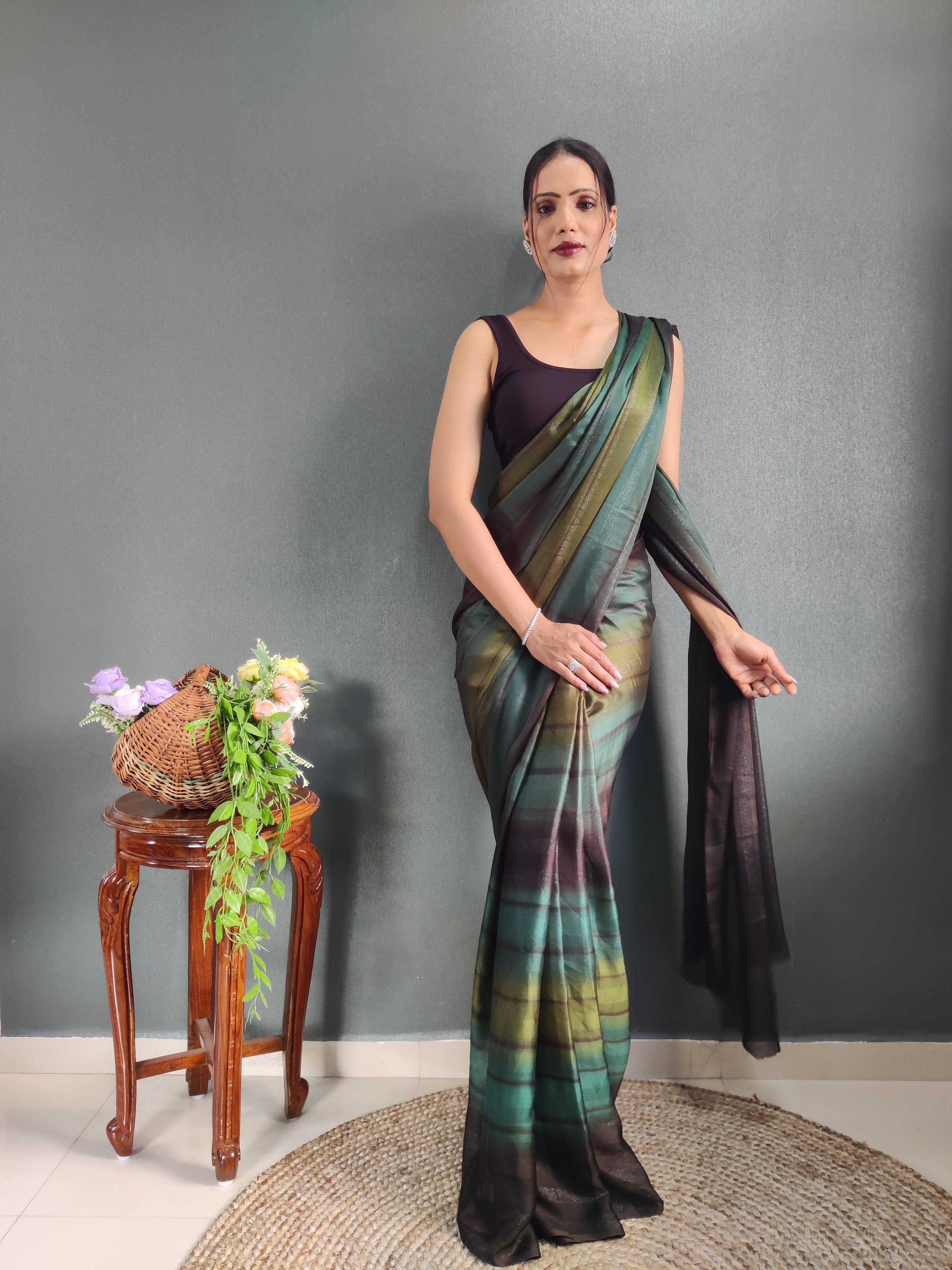 Heer One Minute Ready To Wear Chocolate Brown-Black Saree With Unstiched Blouse