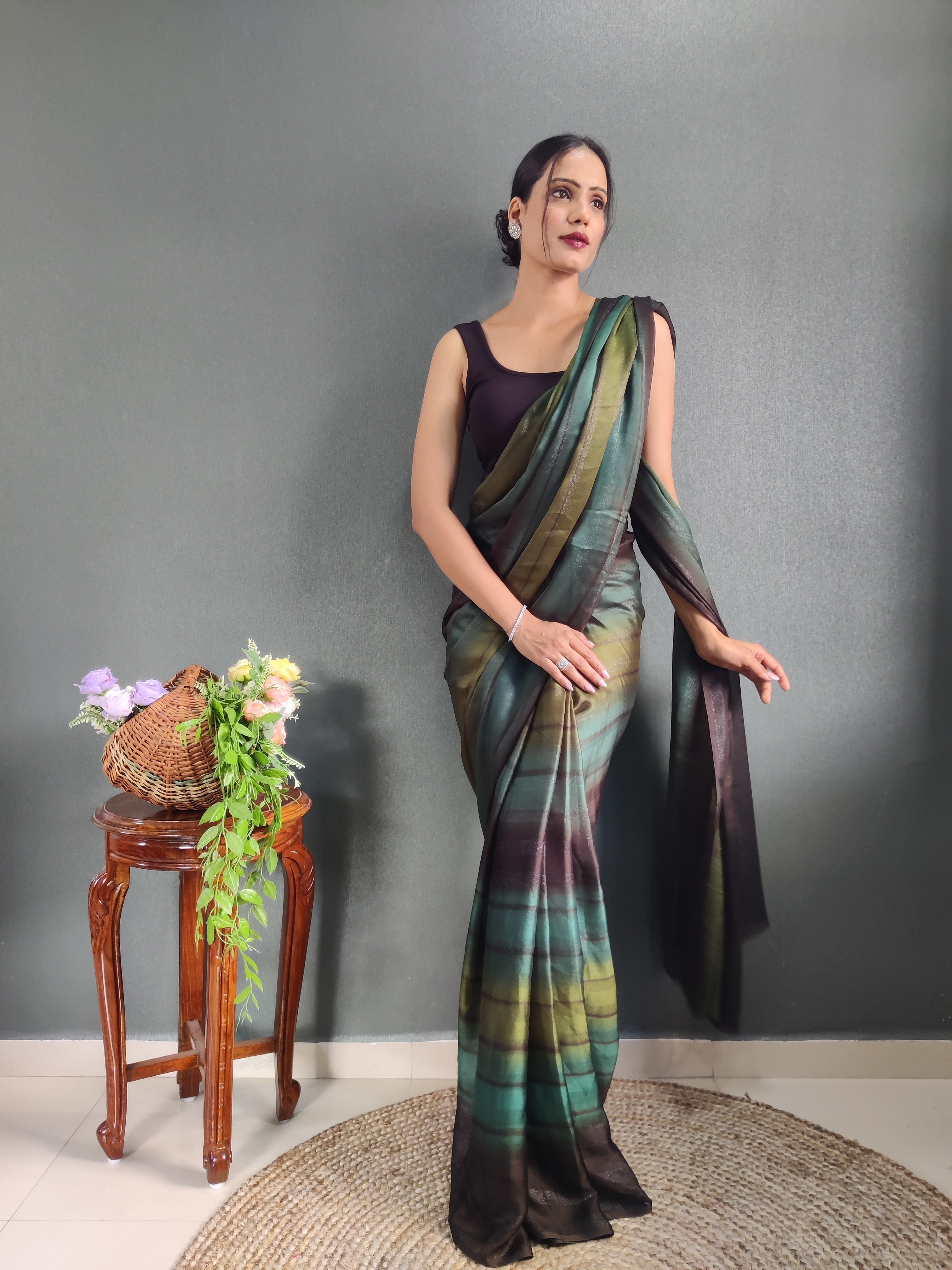 Heer One Minute Ready To Wear Chocolate Brown-Black Saree With Unstiched Blouse