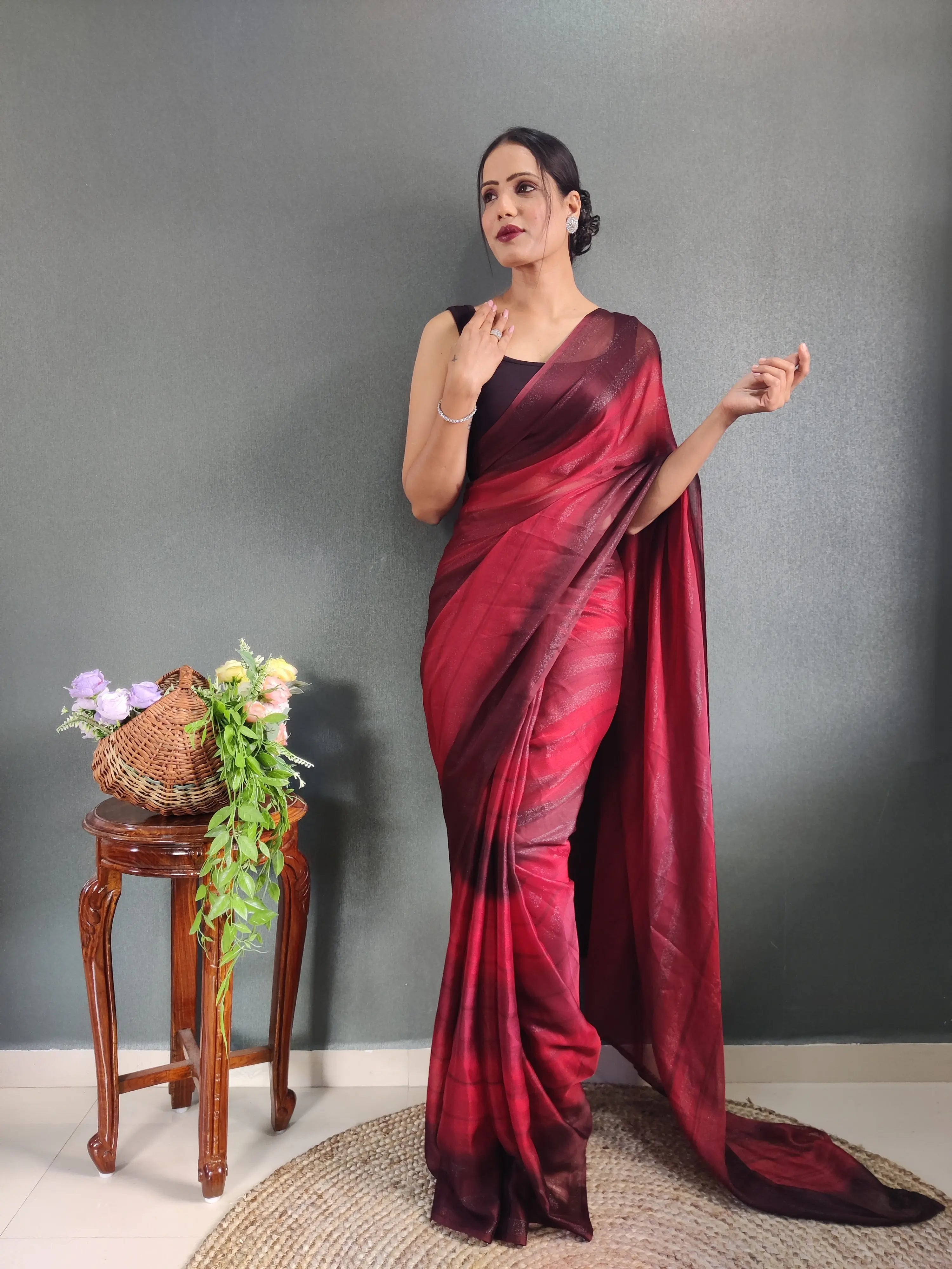 One Minute Ready to Wear New Premium Quelity Red violate Saree Divashree