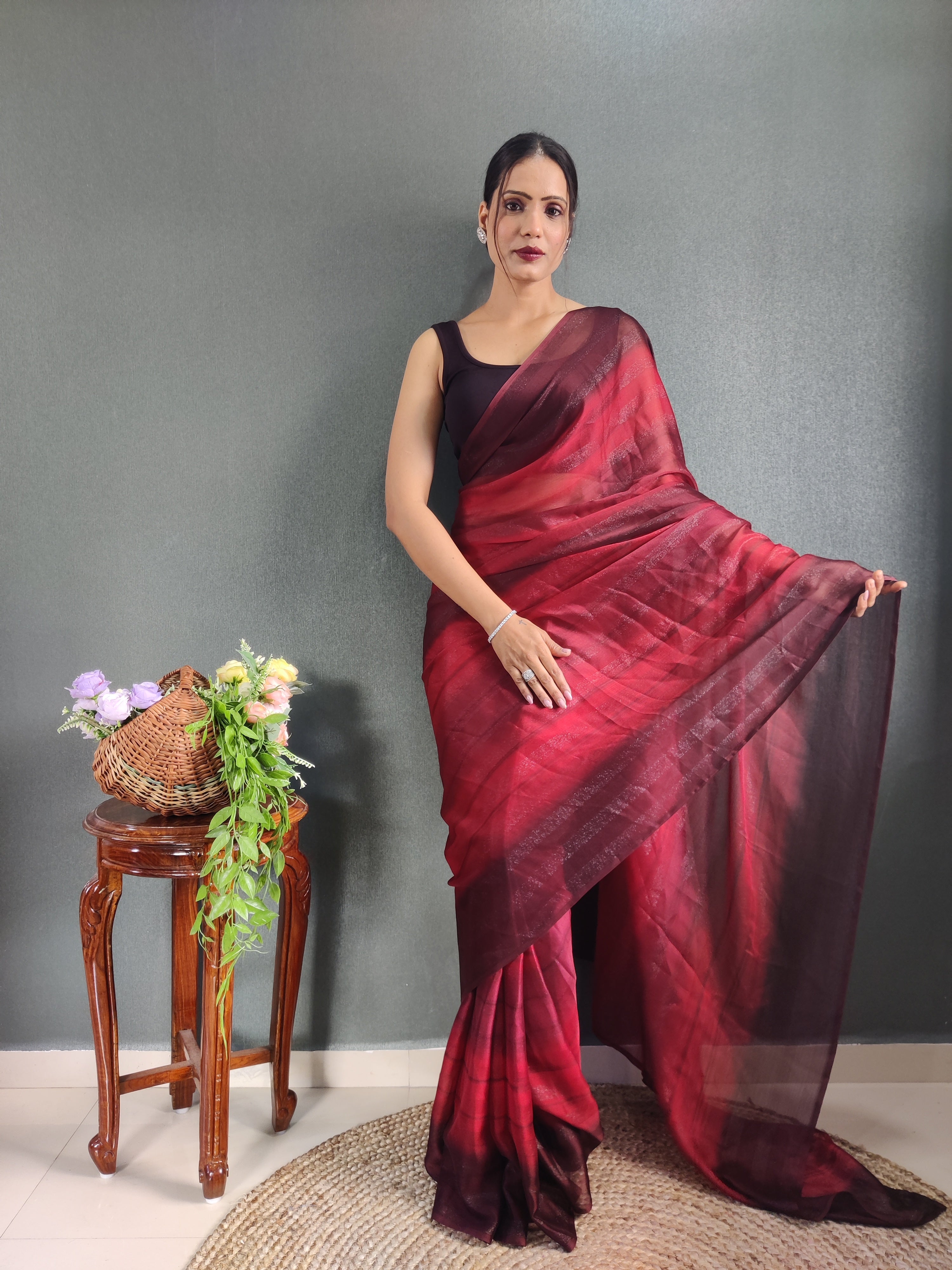 Heer One Minute Ready To Wear Dark Pink-Brown Saree With Unstiched Blouse