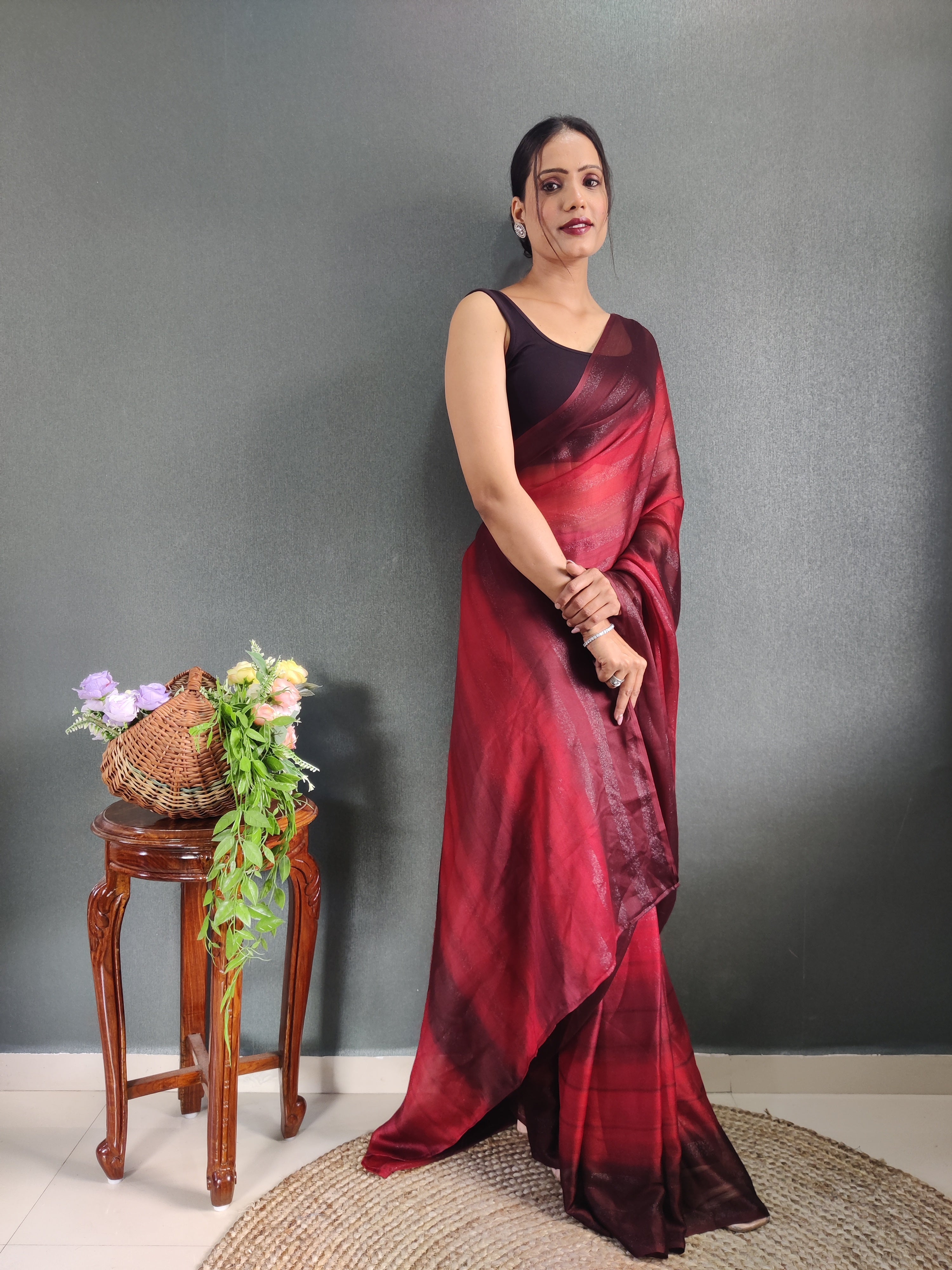 Heer One Minute Ready To Wear Dark Pink-Brown Saree With Unstiched Blouse