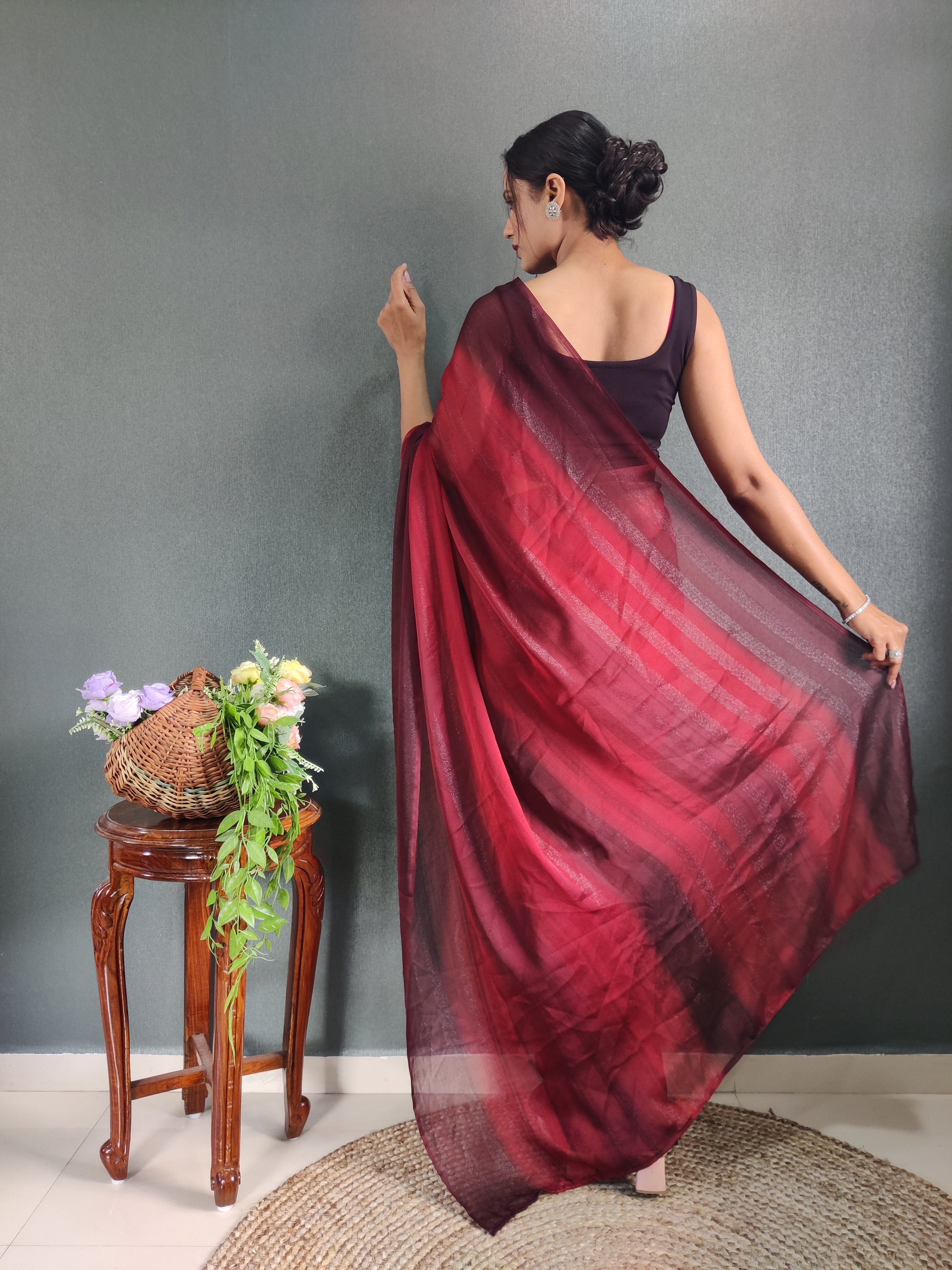 Heer One Minute Ready To Wear Dark Pink-Brown Saree With Unstiched Blouse