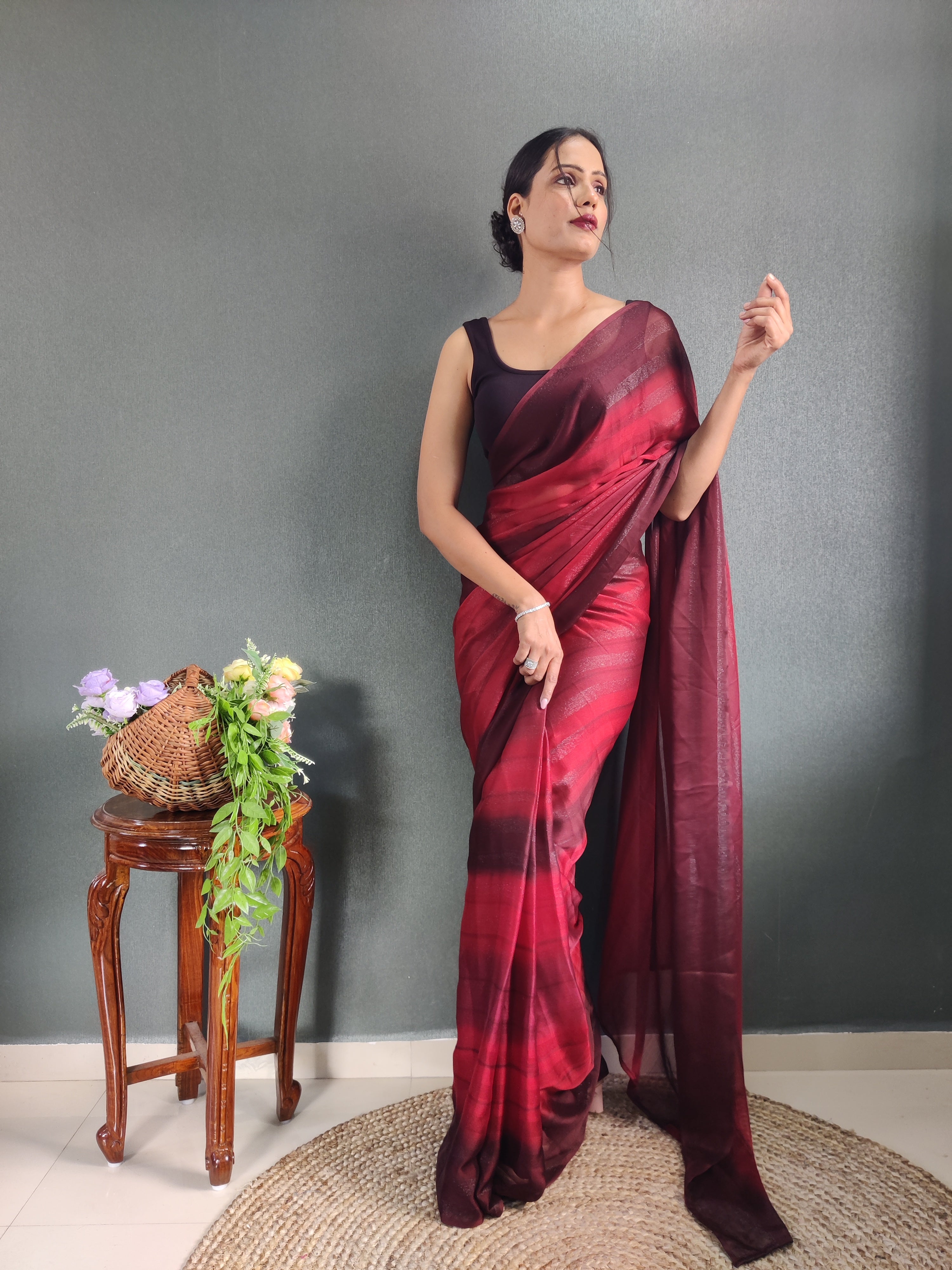 Heer One Minute Ready To Wear Dark Pink-Brown Saree With Unstiched Blouse