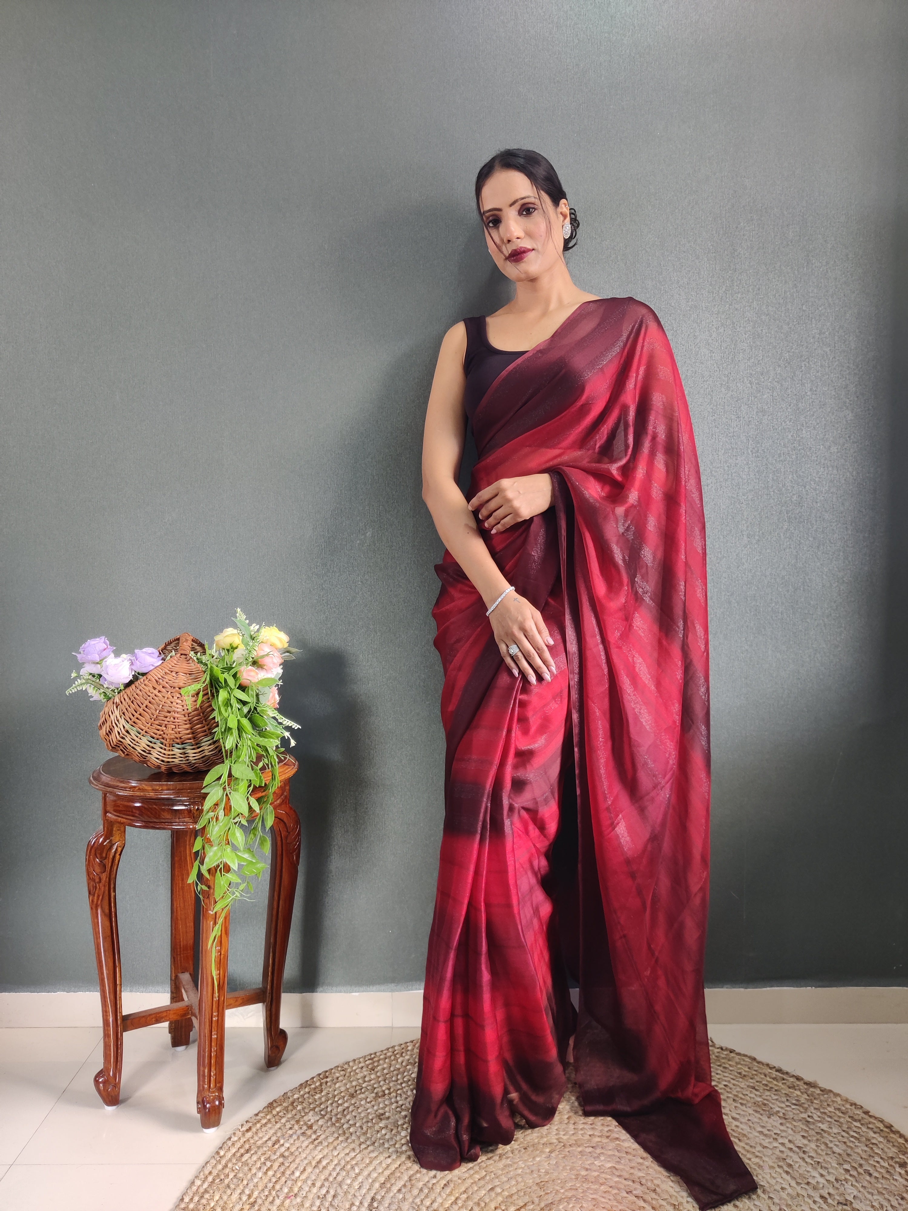 Heer One Minute Ready To Wear Dark Pink-Brown Saree With Unstiched Blouse