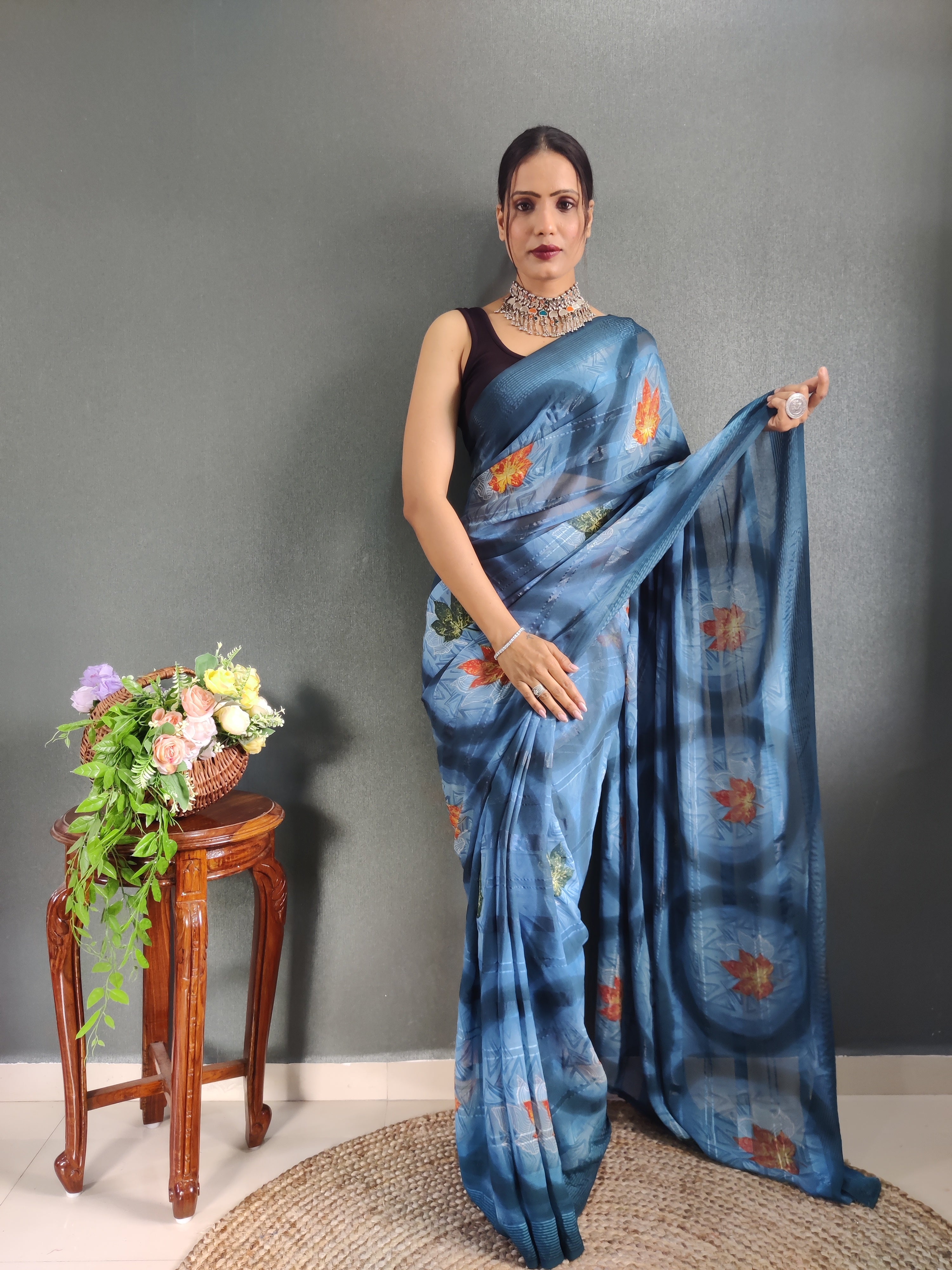 One Minute Ready to Wear New Classic Design Blue Saree Divashree