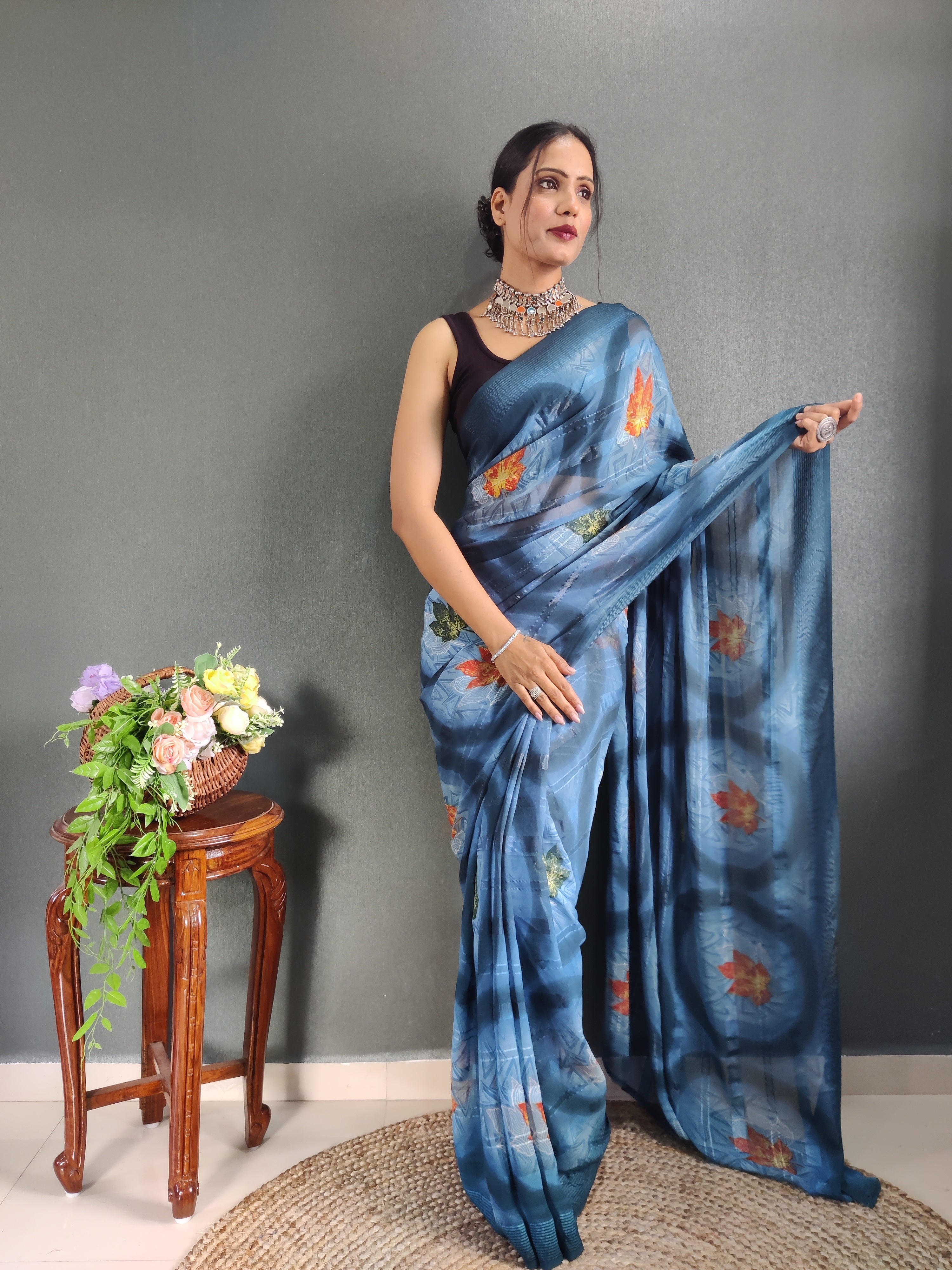 One Minute Ready to Wear New Classic Design Blue Saree Divashree