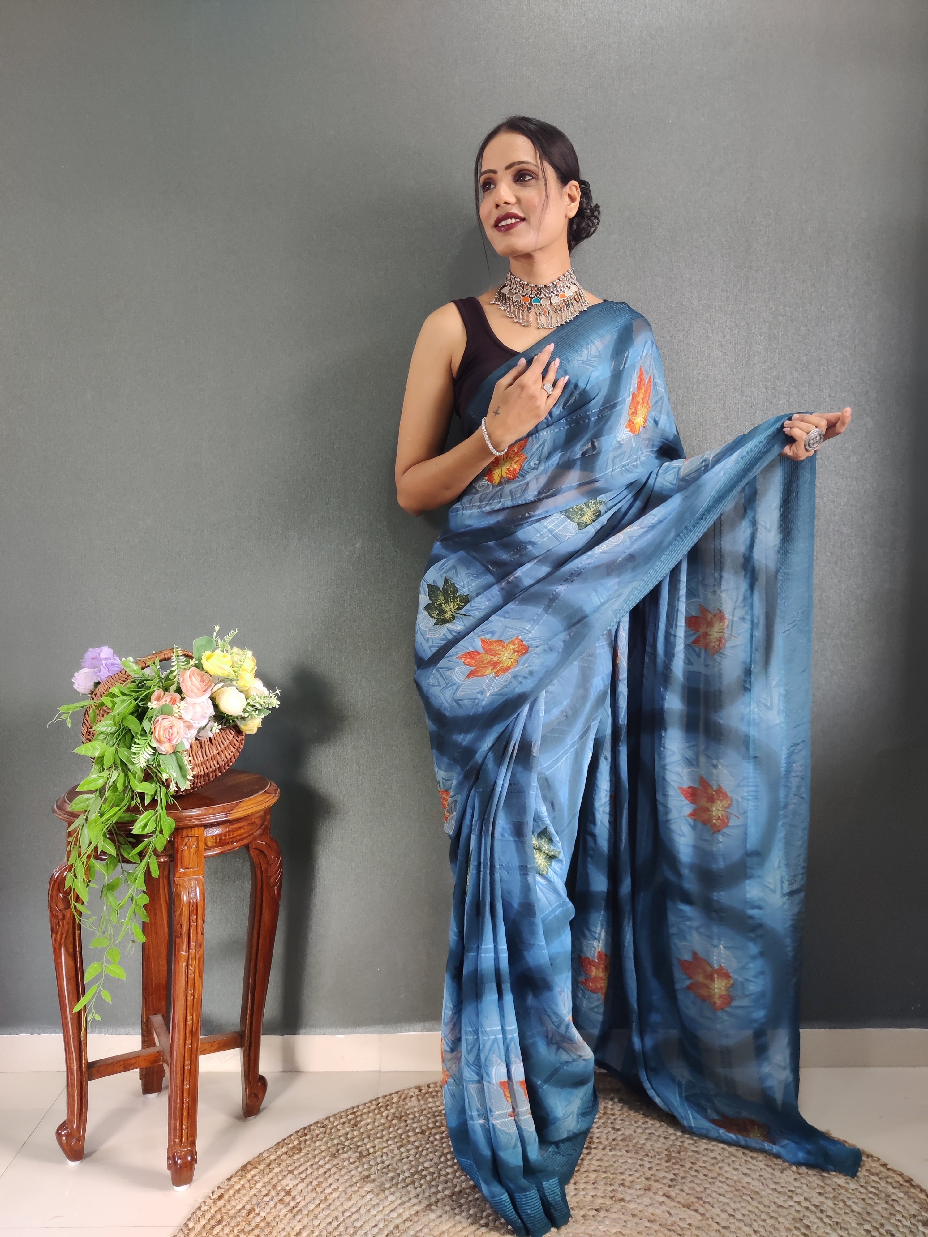 One Minute Ready to Wear New Classic Design Blue Saree Divashree