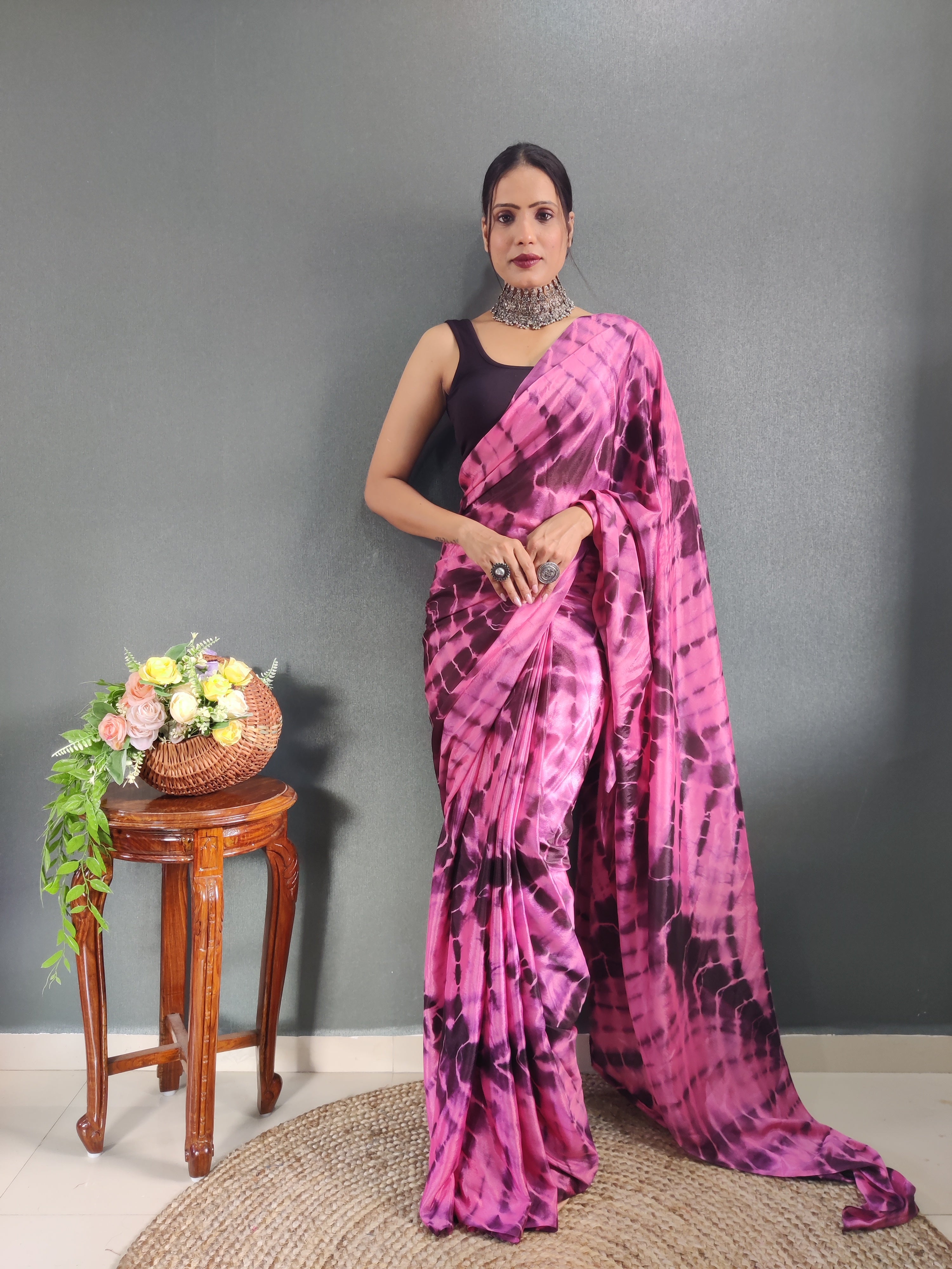 One Minute Ready to Wear New Premium Quality Wine Sibory Print Silk Saree Divashree