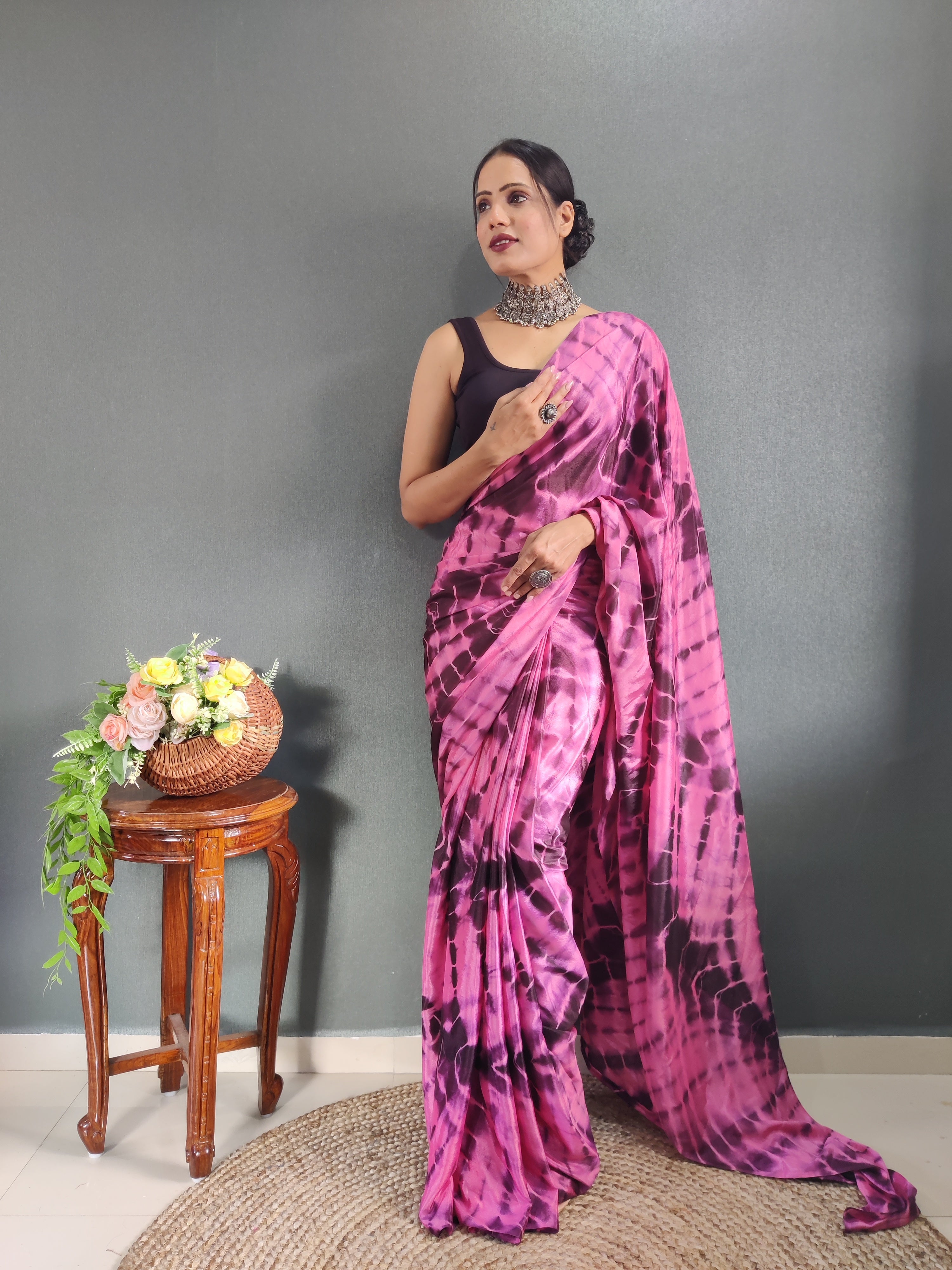 One Minute Ready to Wear New Premium Quality Wine Sibory Print Silk Saree Divashree