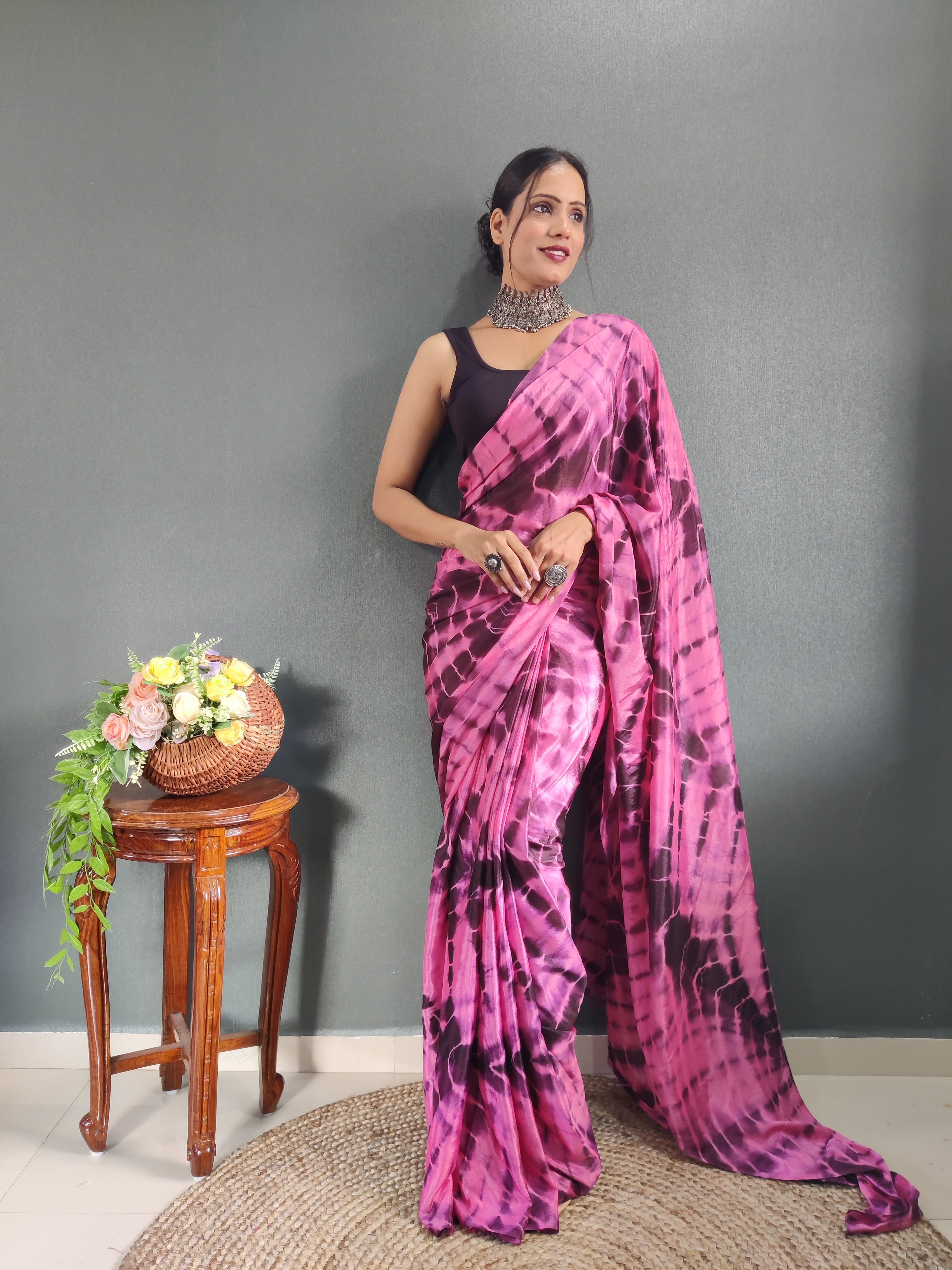 One Minute Ready to Wear New Premium Quality Wine Sibory Print Silk Saree Divashree