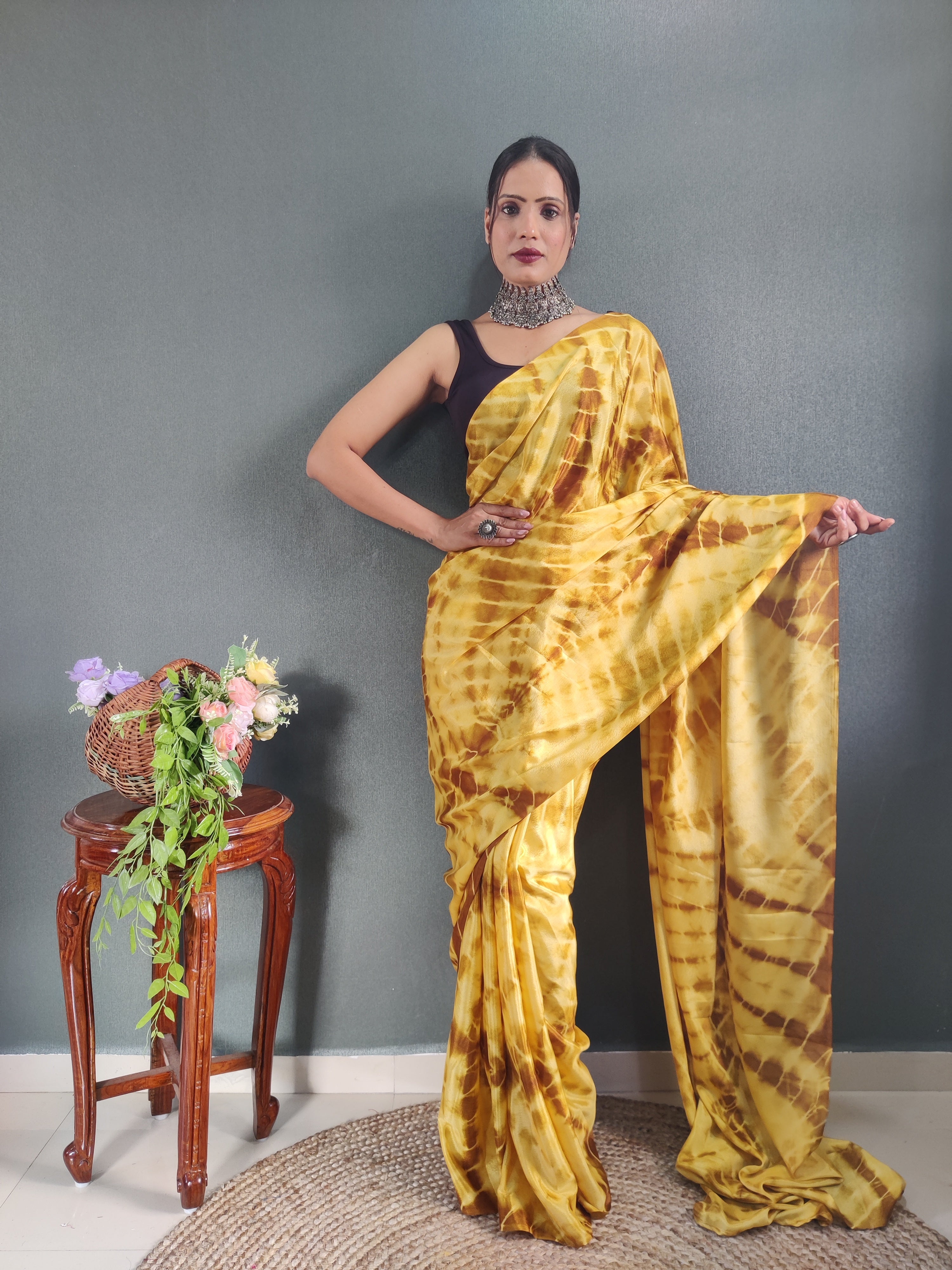 One Minute Ready to Wear New Premium Quality Yellow Sibory Print Silk Saree Divashree