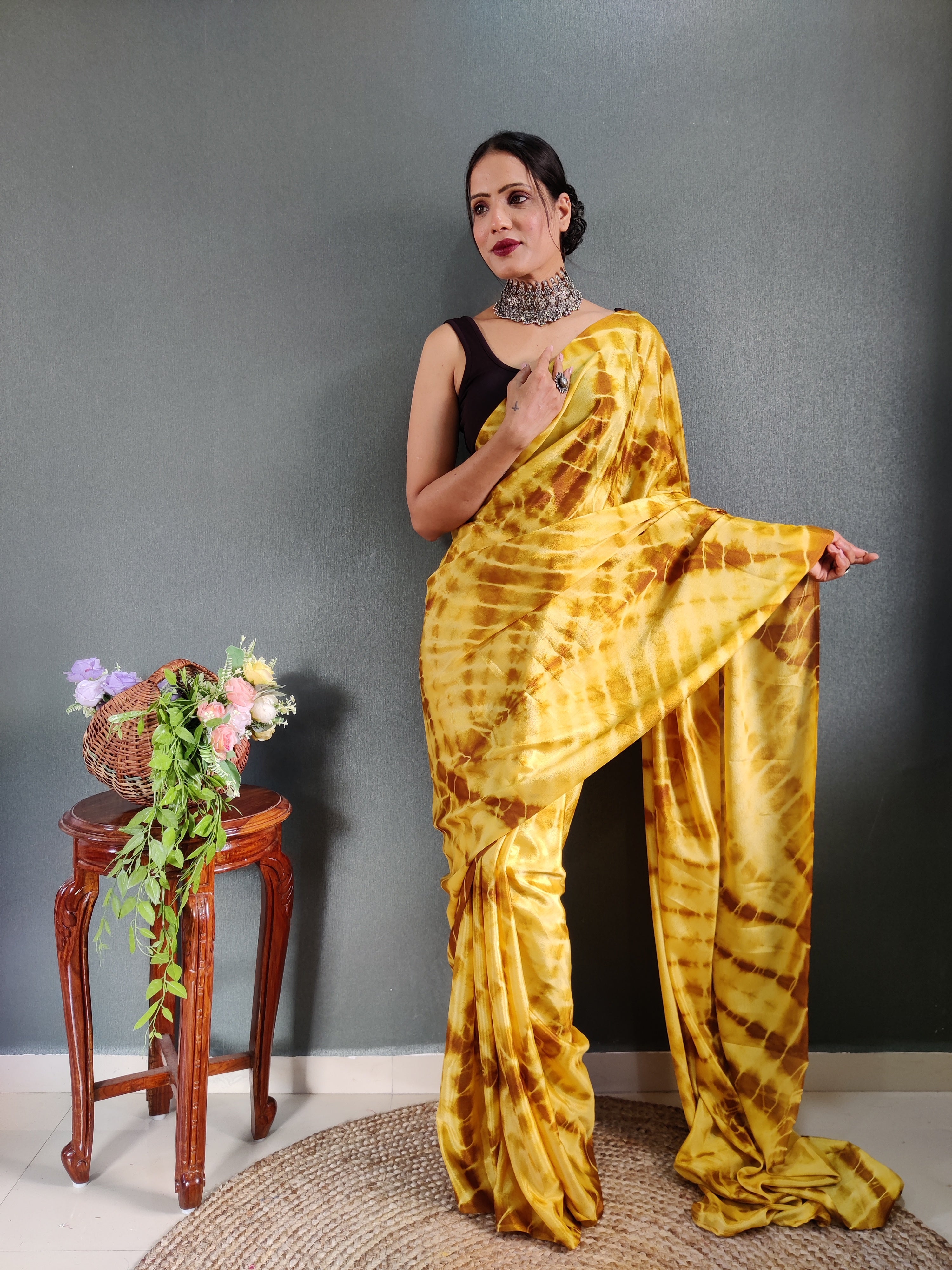 One Minute Ready to Wear New Premium Quality Yellow Sibory Print Silk Saree Divashree