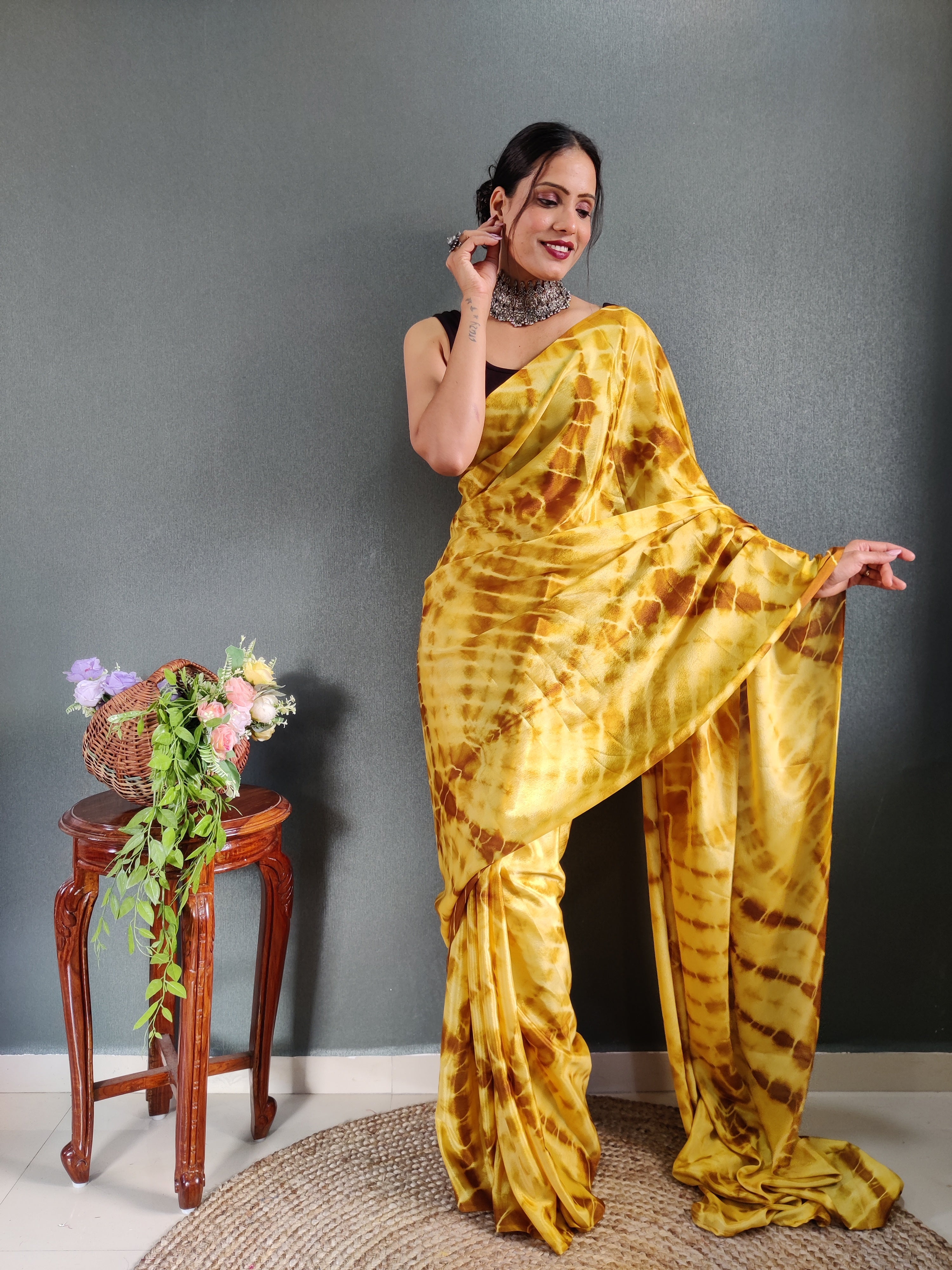 One Minute Ready to Wear New Premium Quality Yellow Sibory Print Silk Saree Divashree