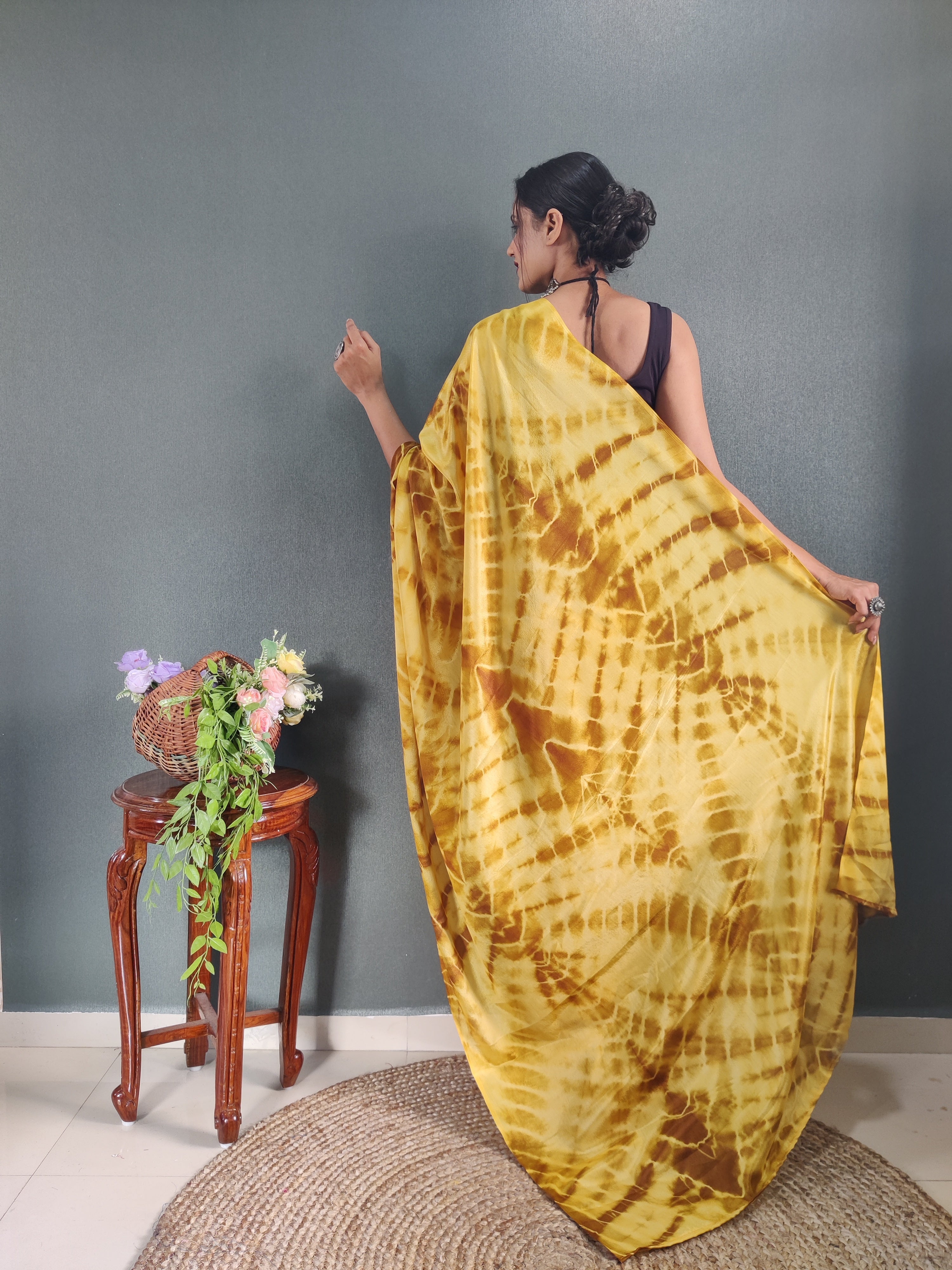 One Minute Ready to Wear New Premium Quality Yellow Sibory Print Silk Saree Divashree