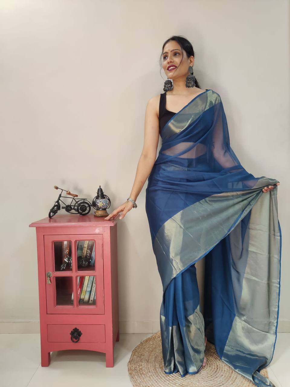 Georgette One Minute Ready To Wear Blue Saree With Unstiched Blouse