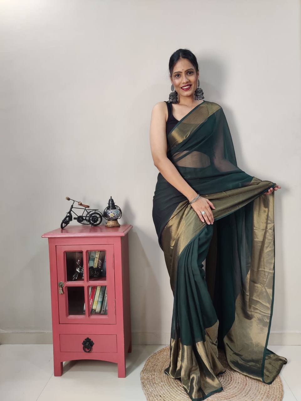 Georgette One Minute Ready To Wear Dark Green Saree With Unstiched Blouse