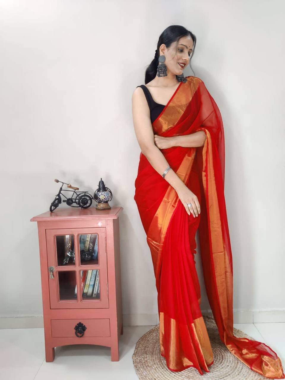 Georgette One Minute Ready To Wear Red Saree With Unstiched Blouse