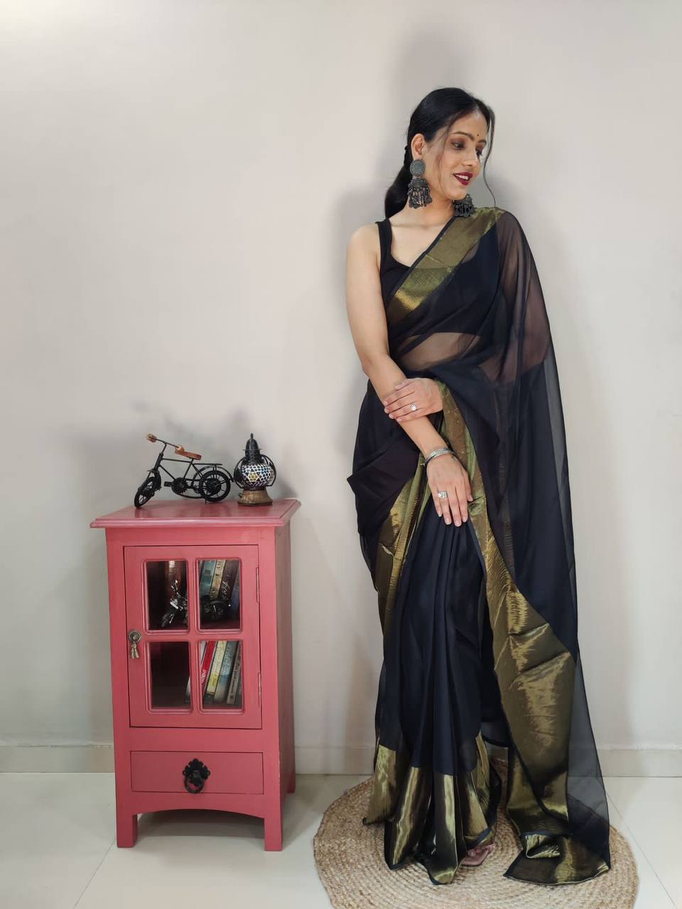 Georgette One Minute Ready To Wear Black Saree With Unstiched Blouse