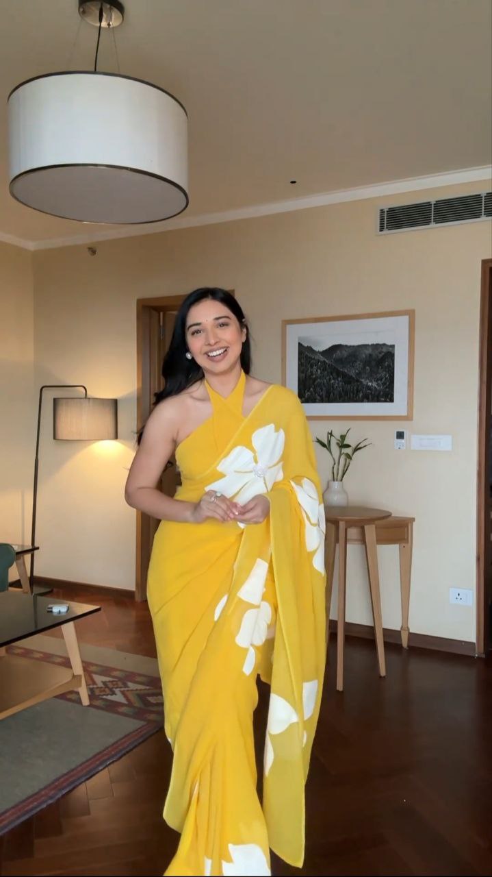 One Minute Ready To Wear Yellow Blossom Pure Soft Georgette Silk Saree