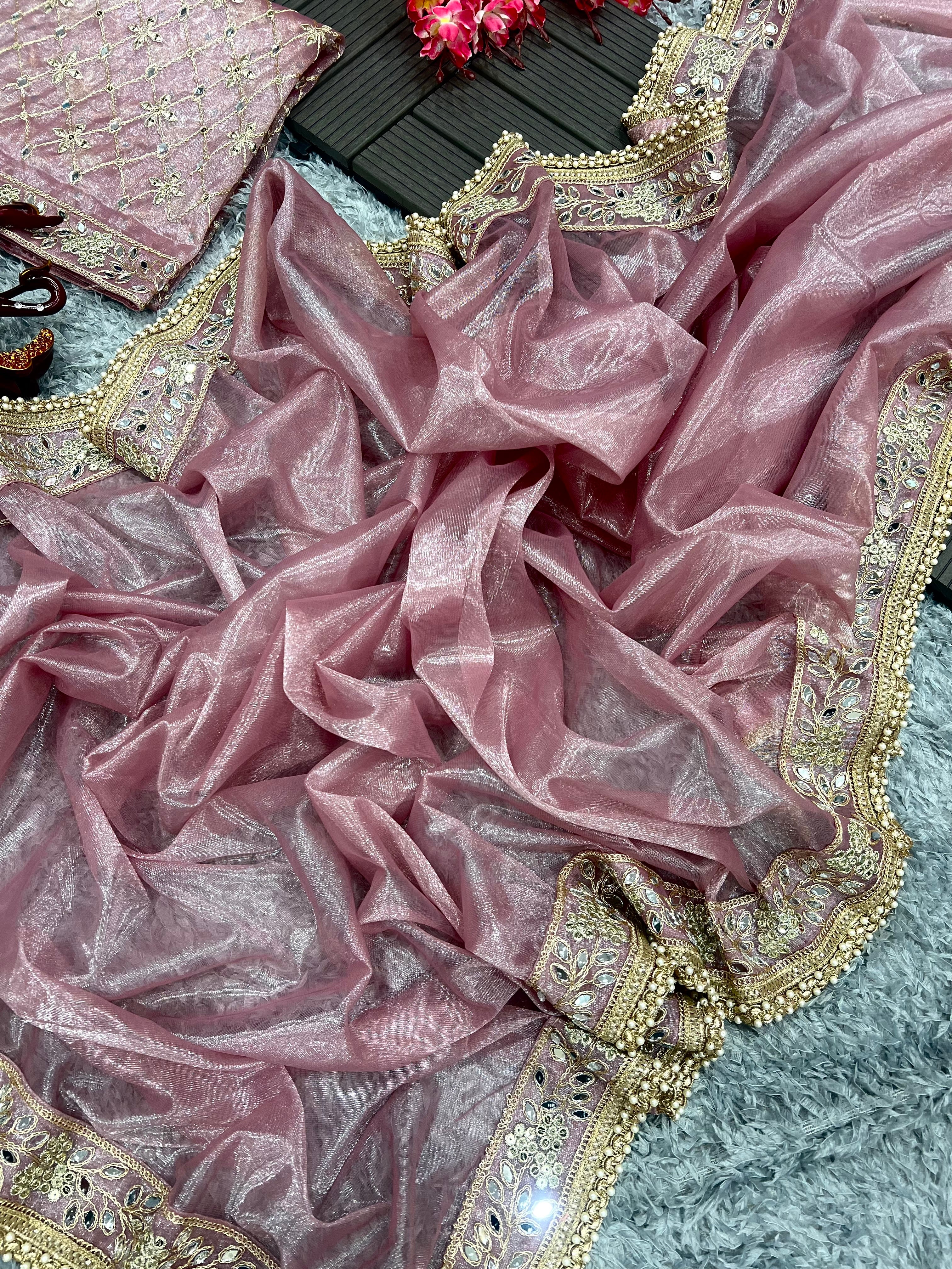 New premium designer Beautiful Sequance and Embroidery work with real hand mirror Saree with Unstitch Blouse