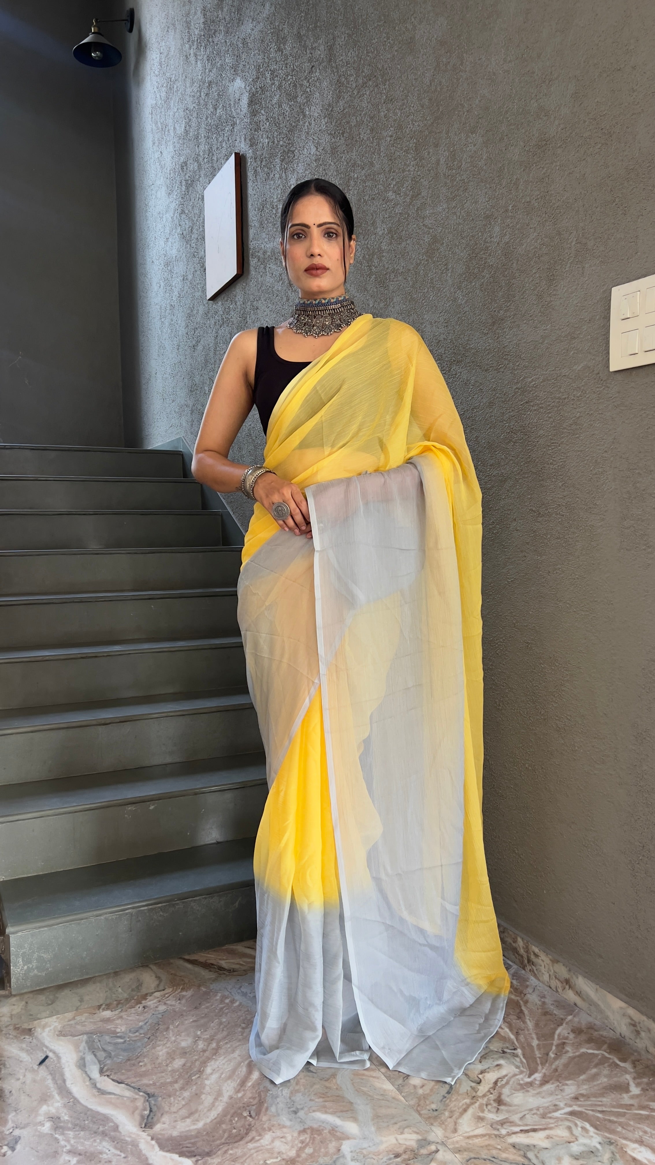 Heena One Minute Ready To Wear Yellow Saree With Unstiched Blouse