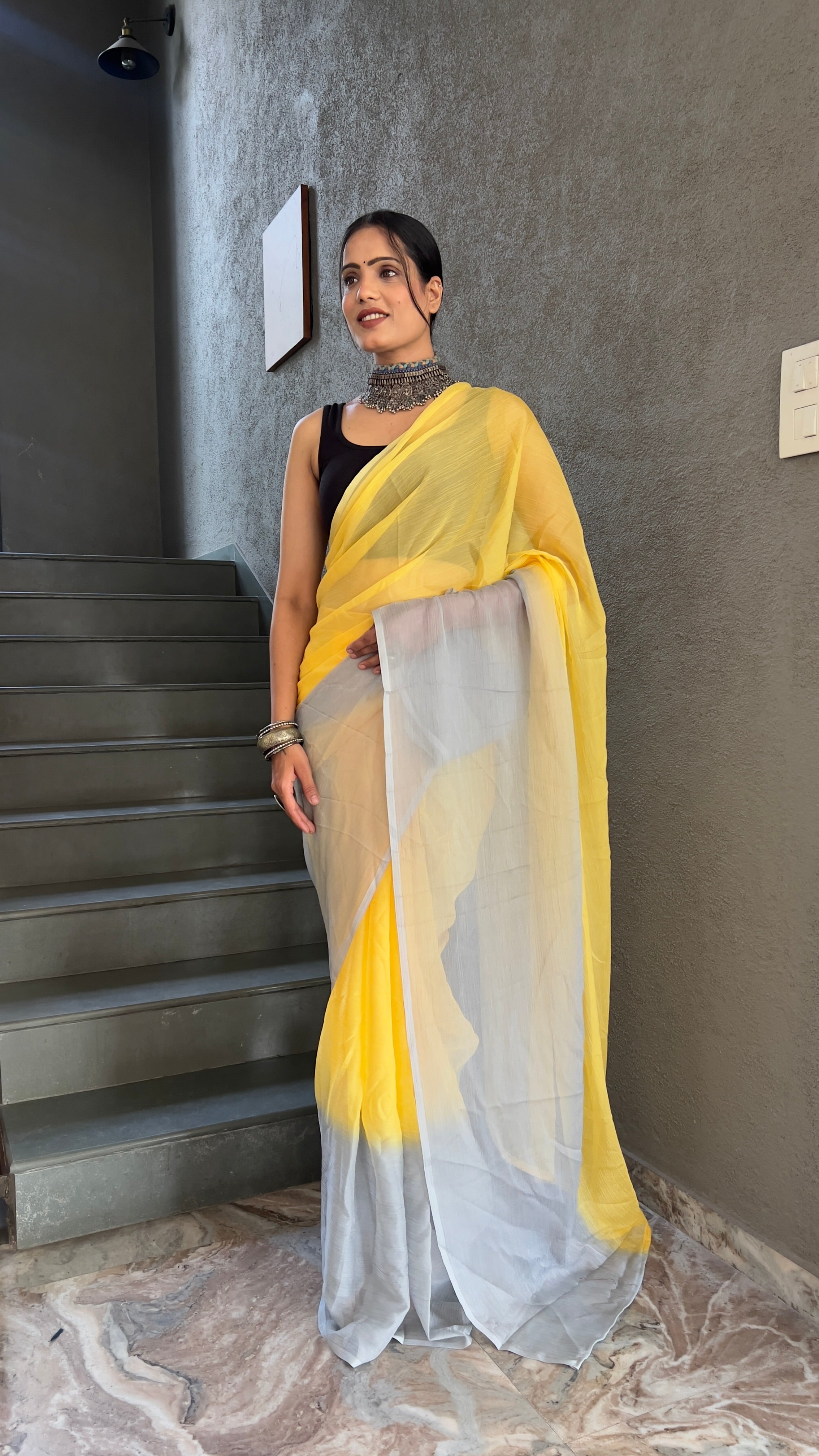 Heena One Minute Ready To Wear Yellow Saree With Unstiched Blouse