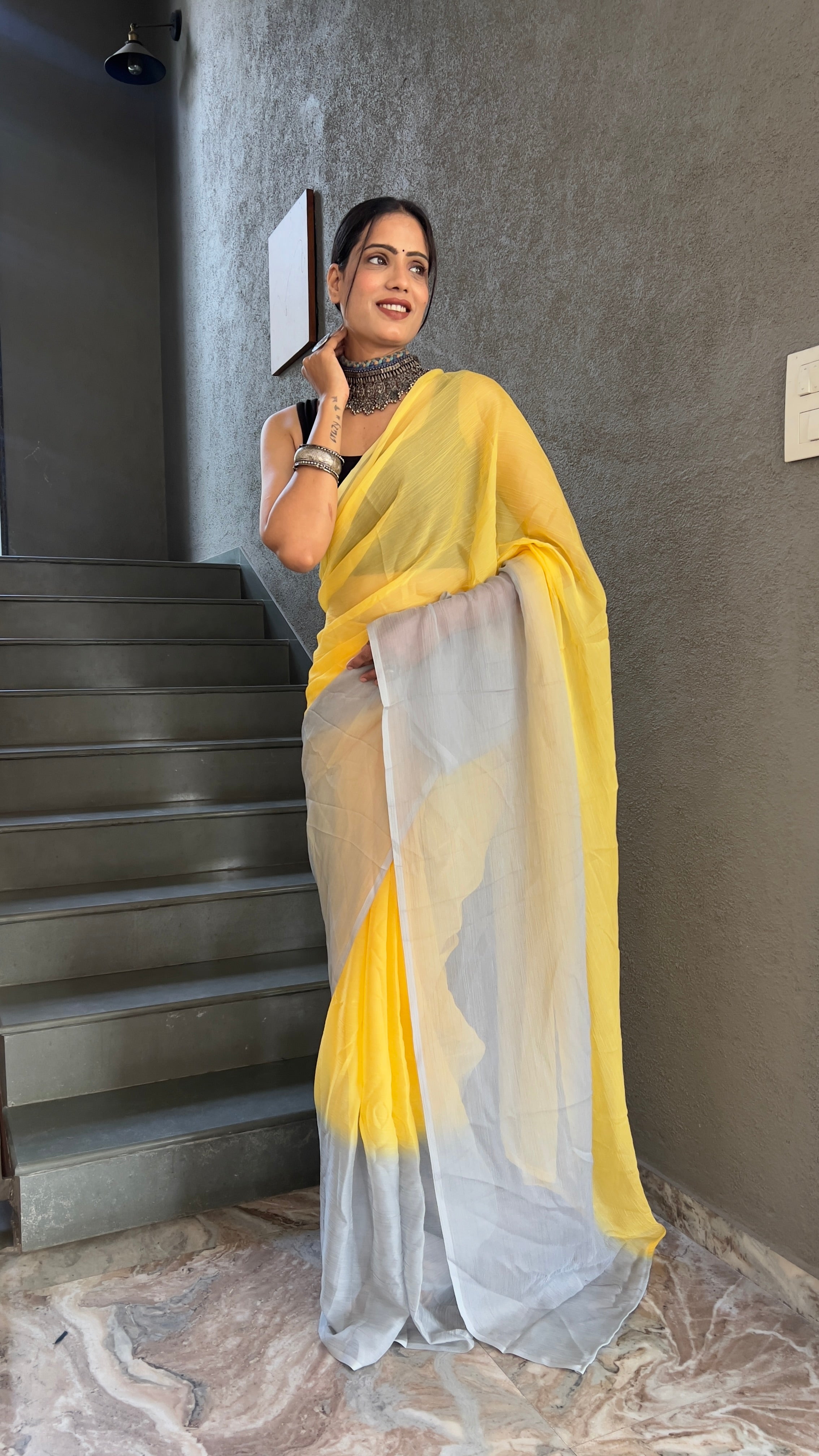 Heena One Minute Ready To Wear Yellow Saree With Unstiched Blouse