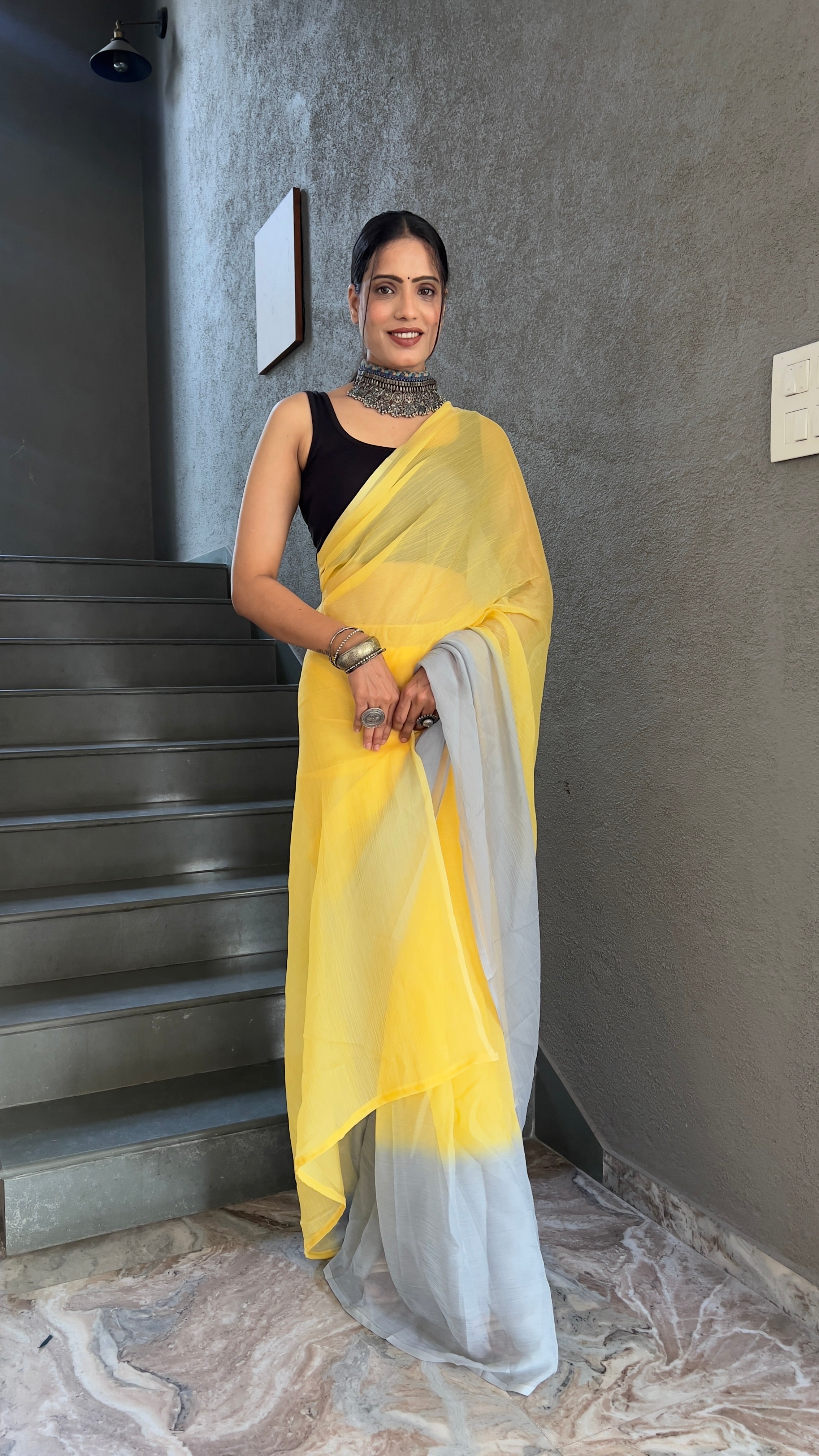 Heena One Minute Ready To Wear Yellow Saree With Unstiched Blouse