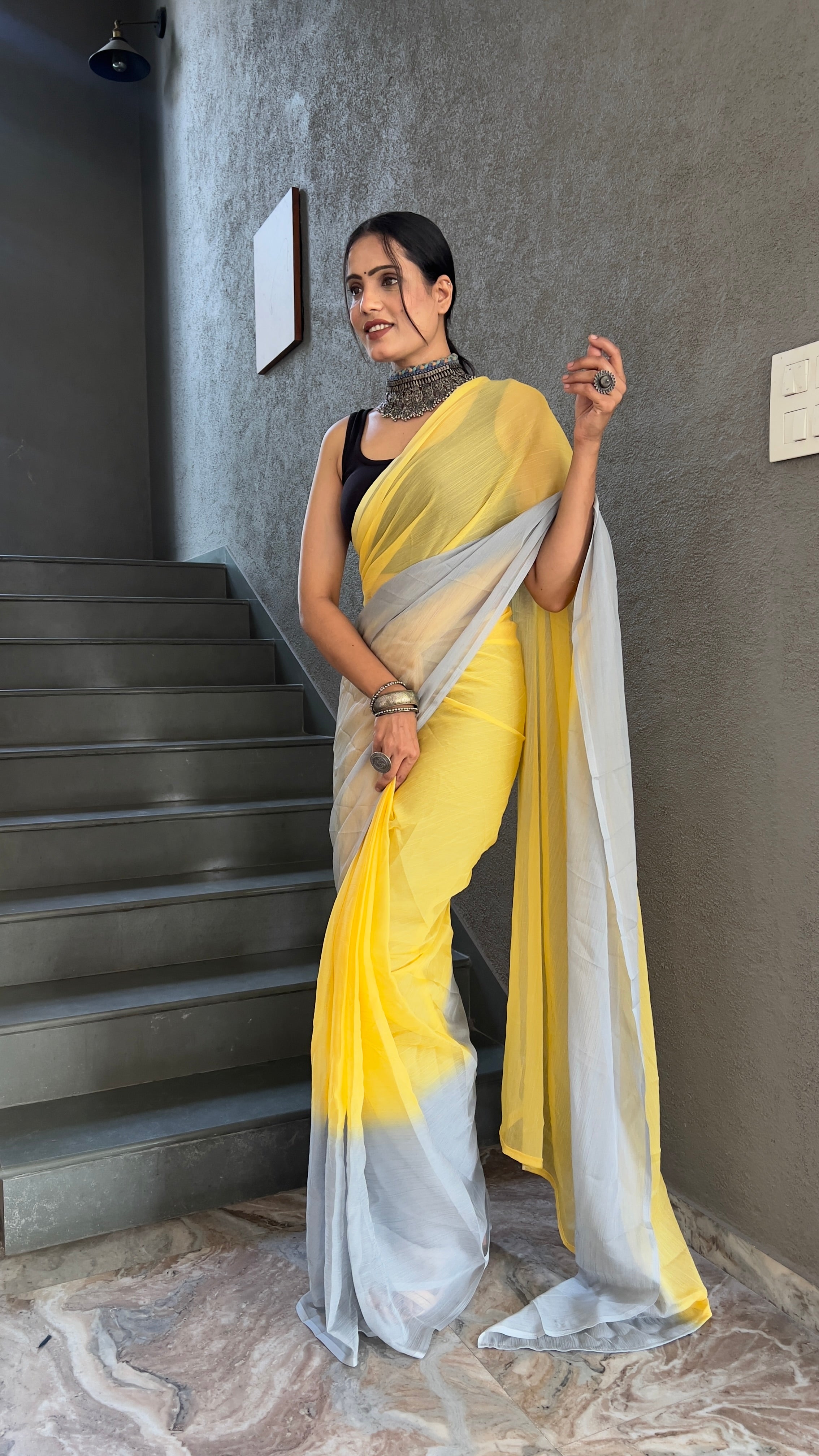 Heena One Minute Ready To Wear Yellow Saree With Unstiched Blouse