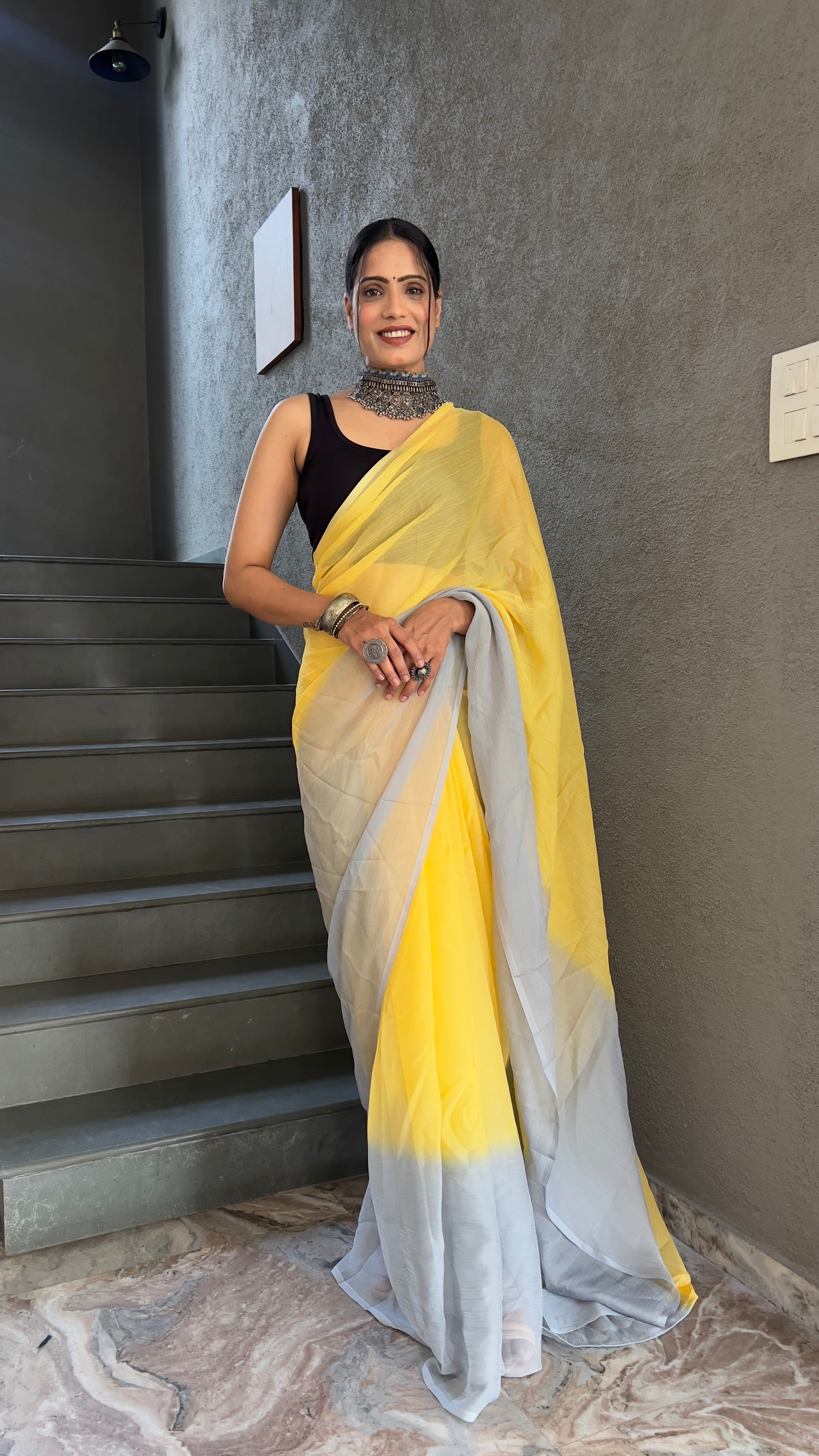 Heena One Minute Ready To Wear Yellow Saree With Unstiched Blouse