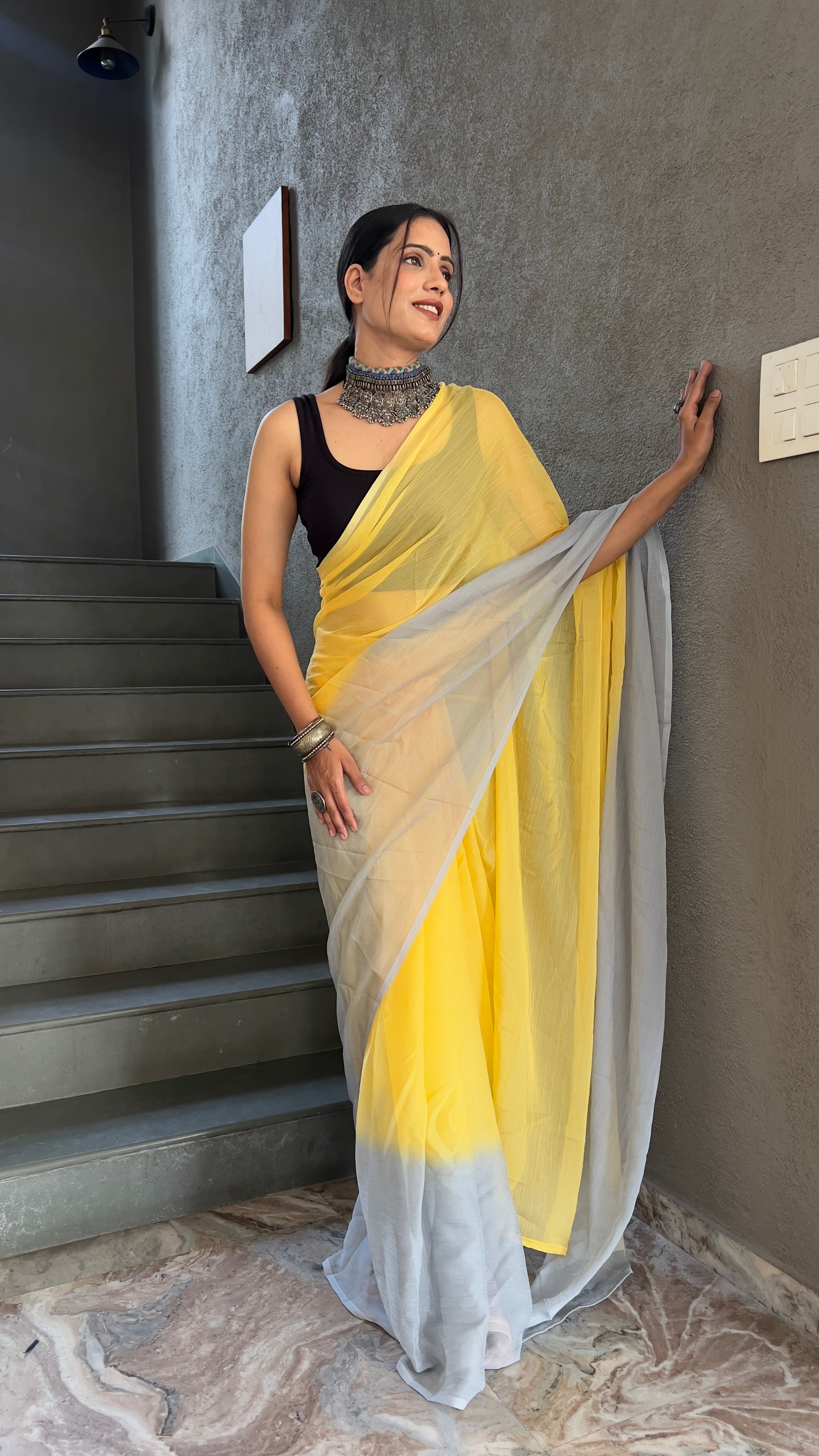 Heena One Minute Ready To Wear Yellow Saree With Unstiched Blouse