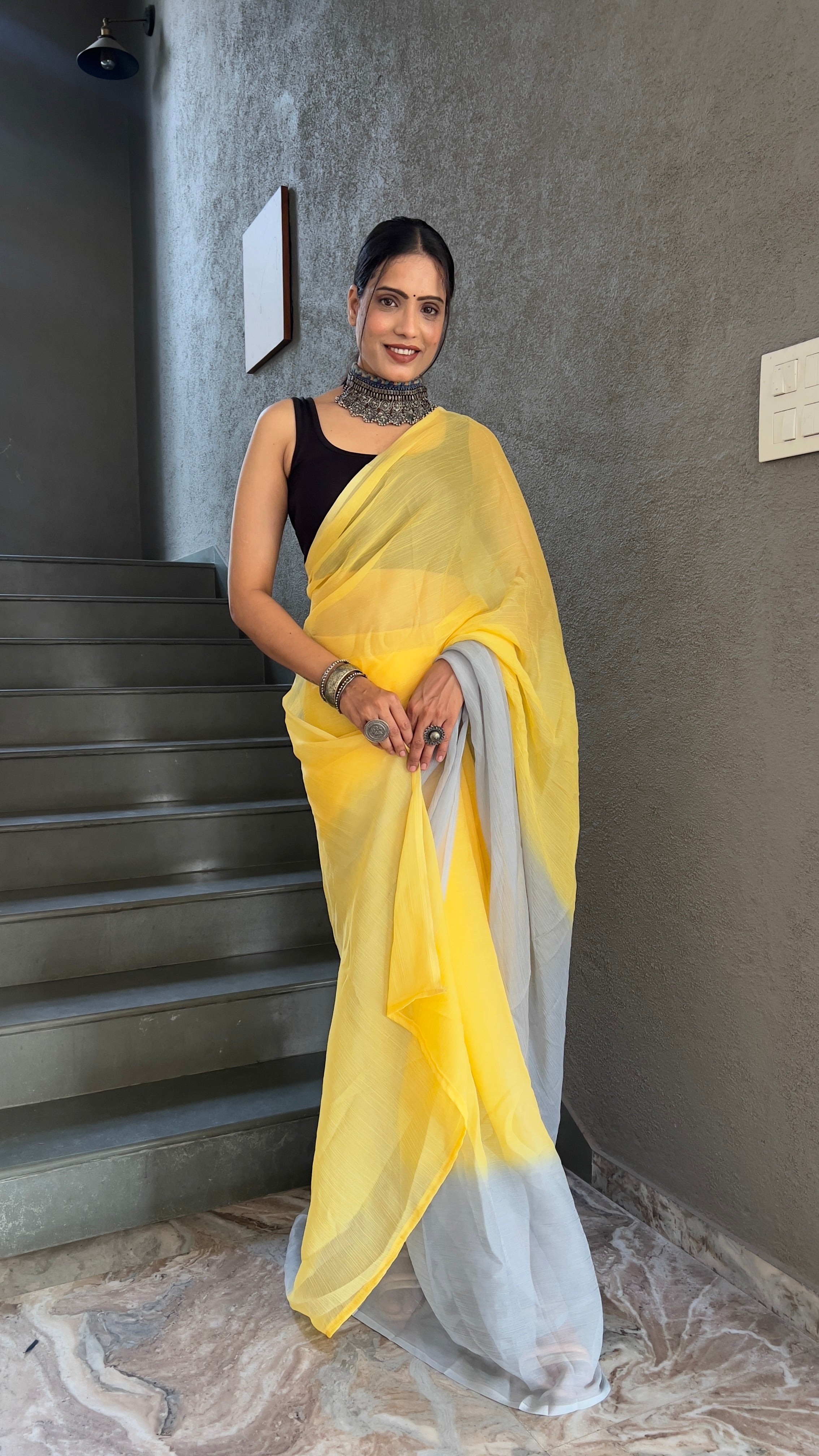 Heena One Minute Ready To Wear Yellow Saree With Unstiched Blouse