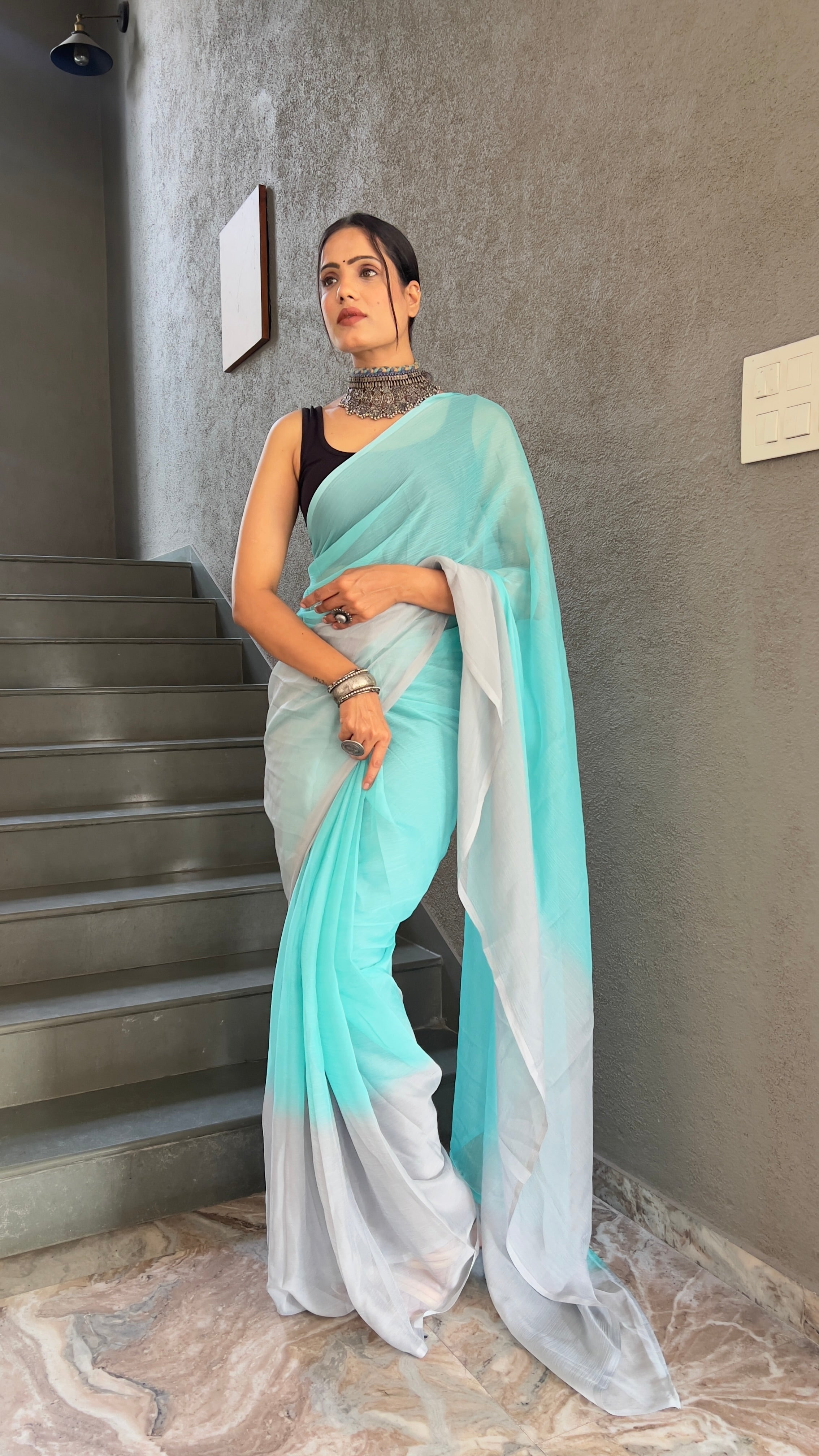 Heena One Minute Ready To Wear Sea Blue  Saree With Unstiched Blouse