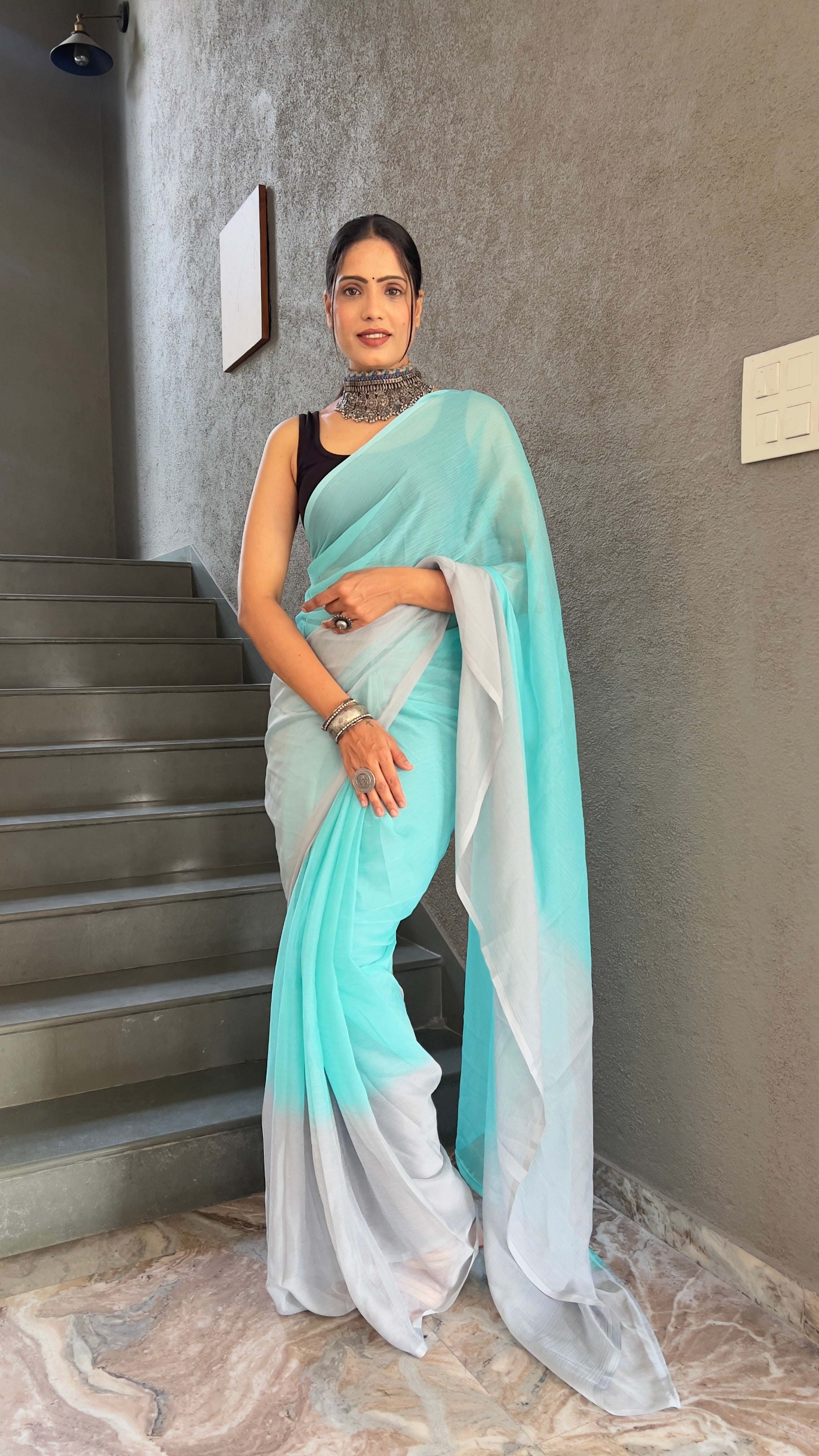 Heena One Minute Ready To Wear Sea Blue  Saree With Unstiched Blouse