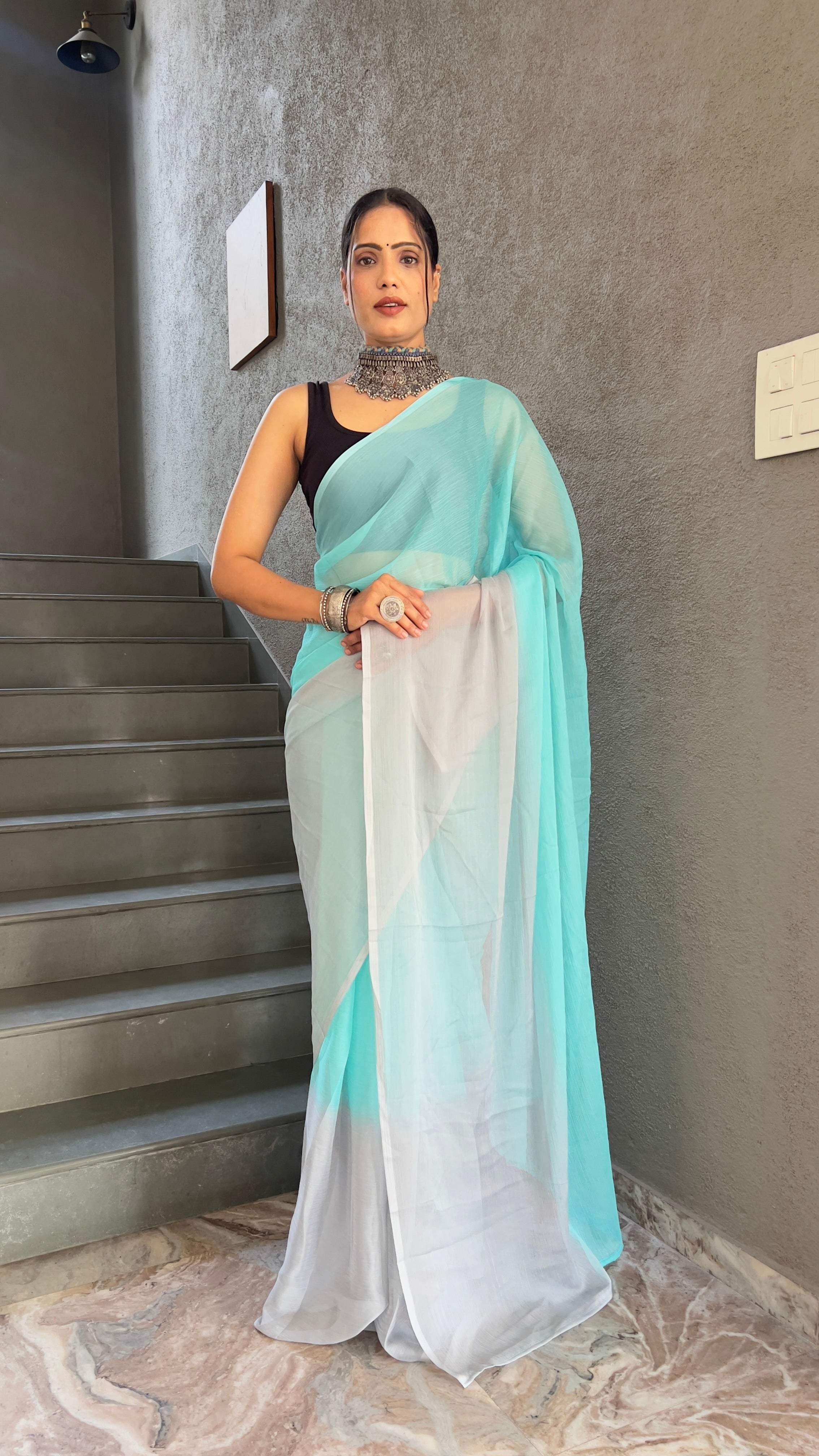 Heena One Minute Ready To Wear Sea Blue  Saree With Unstiched Blouse