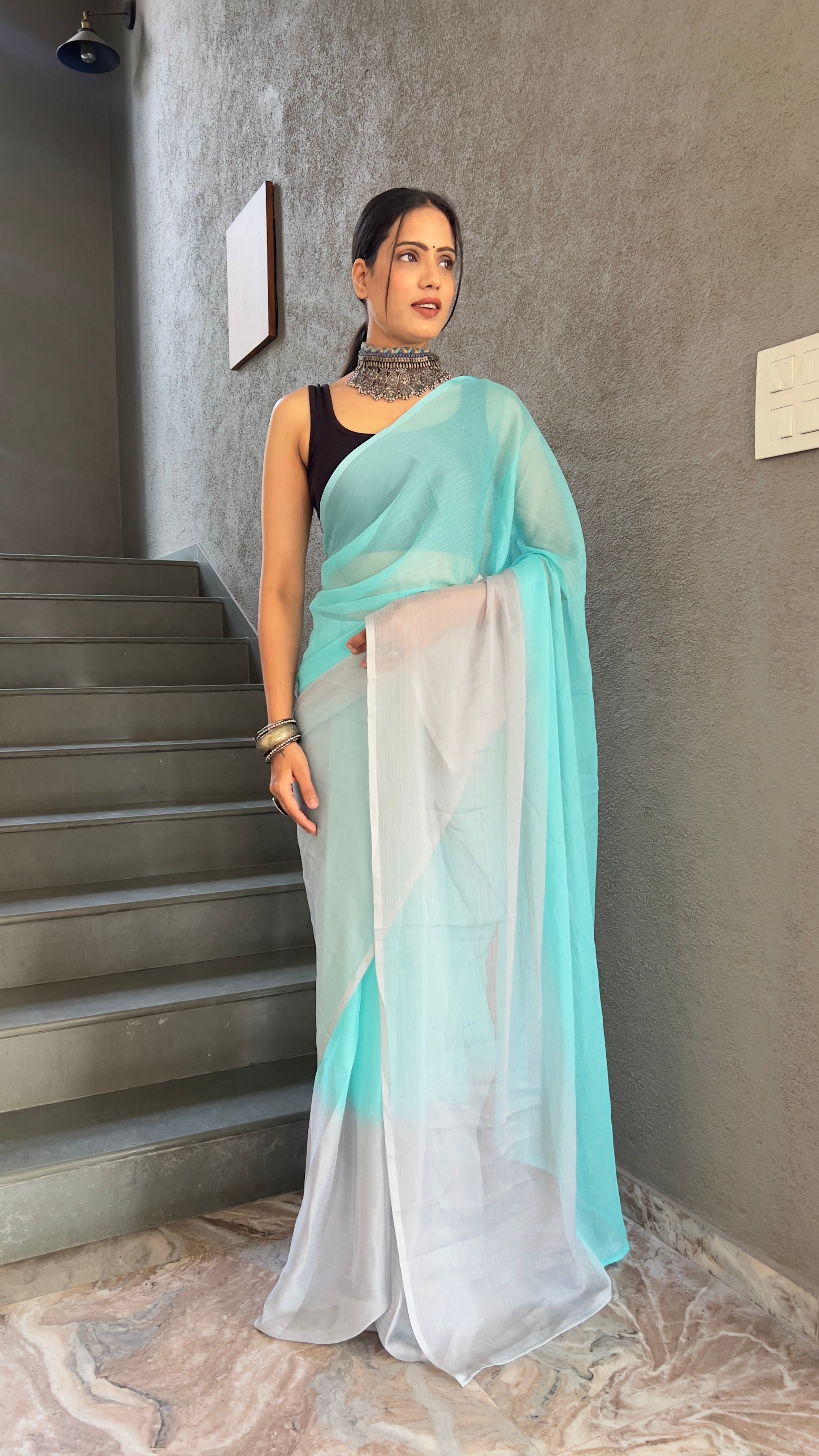 Heena One Minute Ready To Wear Sea Blue  Saree With Unstiched Blouse