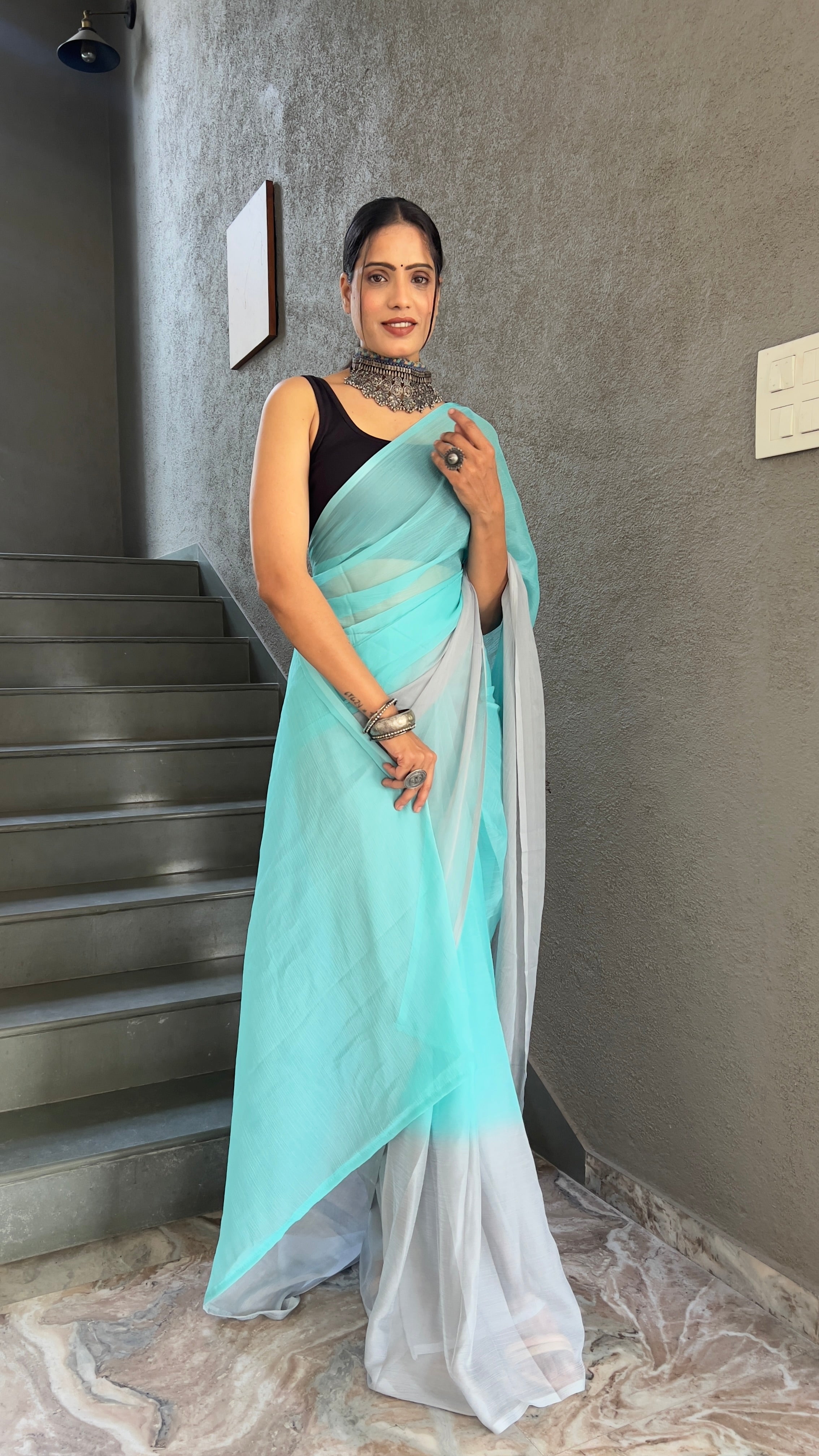 Heena One Minute Ready To Wear Sea Blue  Saree With Unstiched Blouse