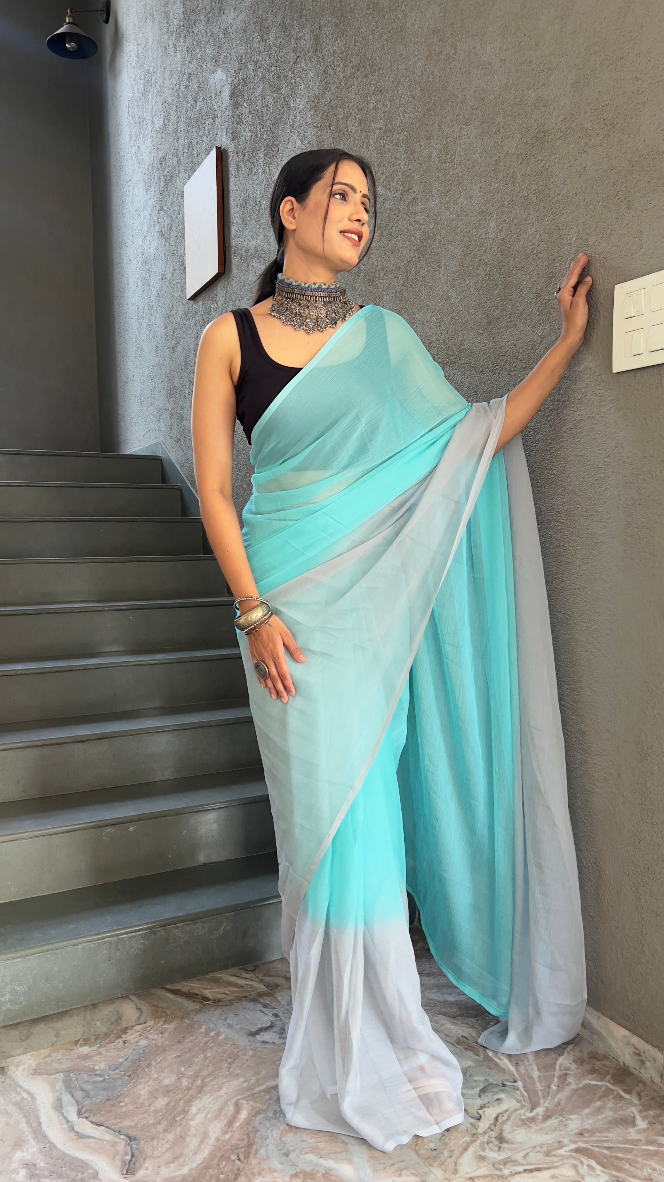 Heena One Minute Ready To Wear Sea Blue  Saree With Unstiched Blouse