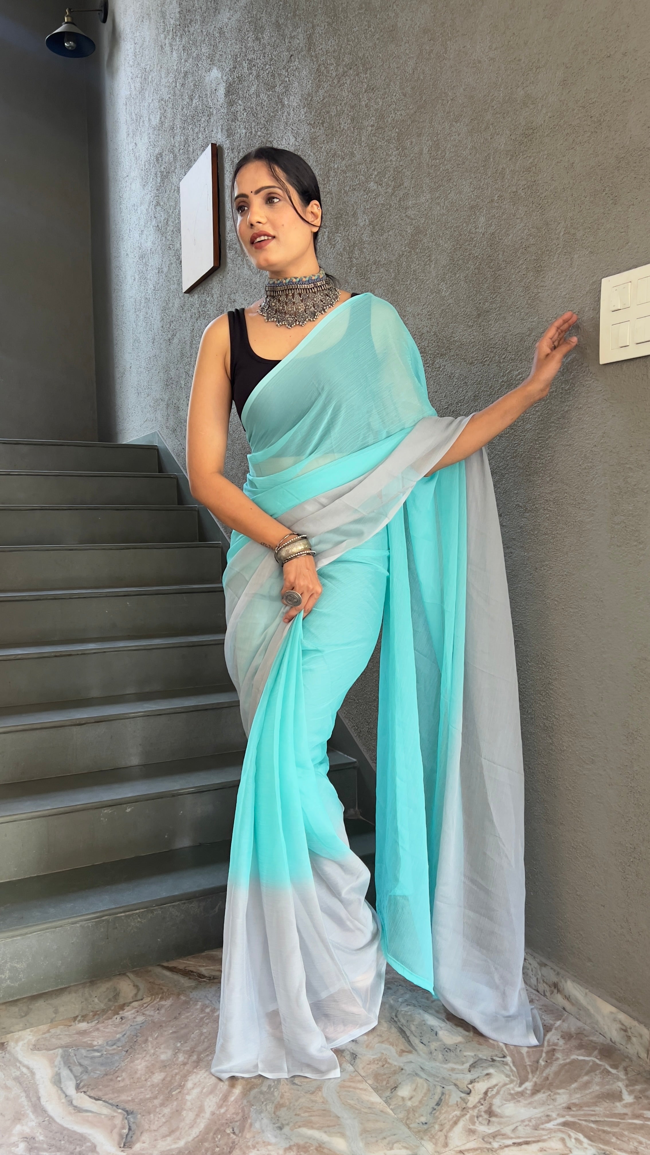 Heena One Minute Ready To Wear Sea Blue  Saree With Unstiched Blouse