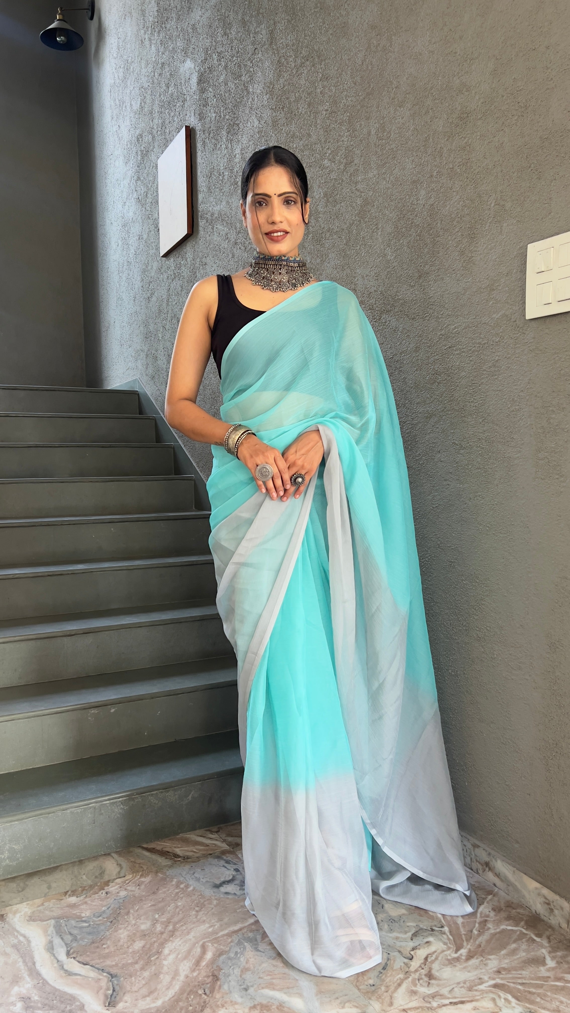 Heena One Minute Ready To Wear Sea Blue  Saree With Unstiched Blouse