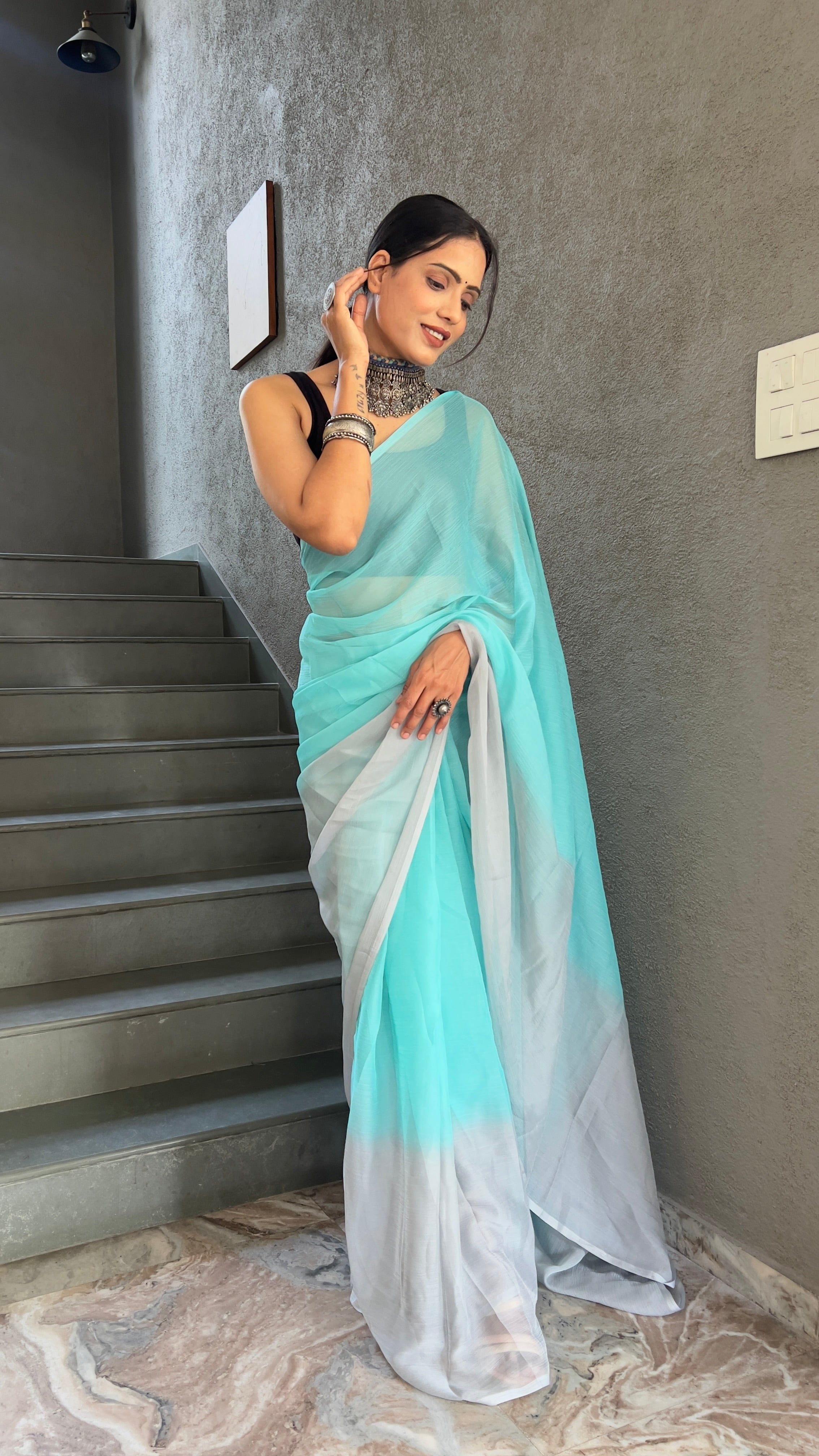 Heena One Minute Ready To Wear Sea Blue  Saree With Unstiched Blouse