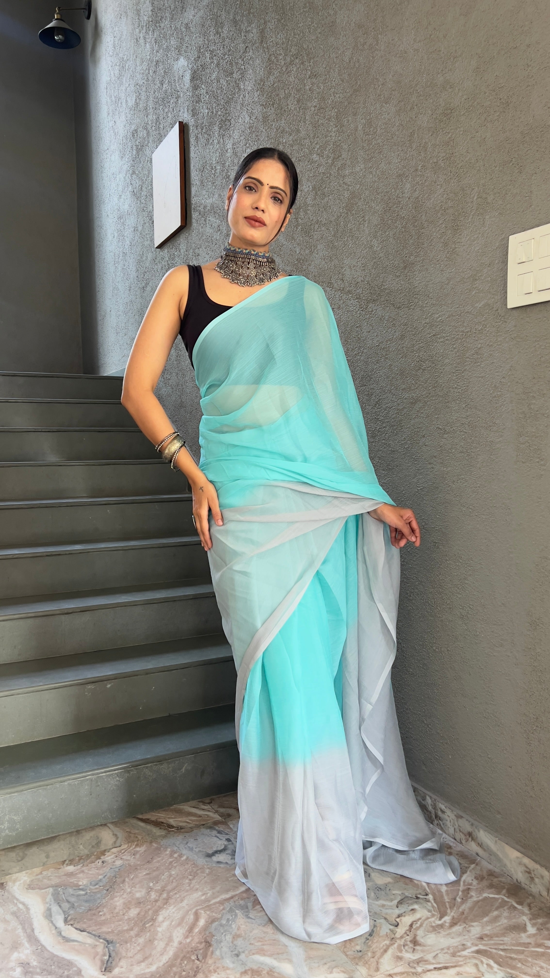 Heena One Minute Ready To Wear Sea Blue  Saree With Unstiched Blouse