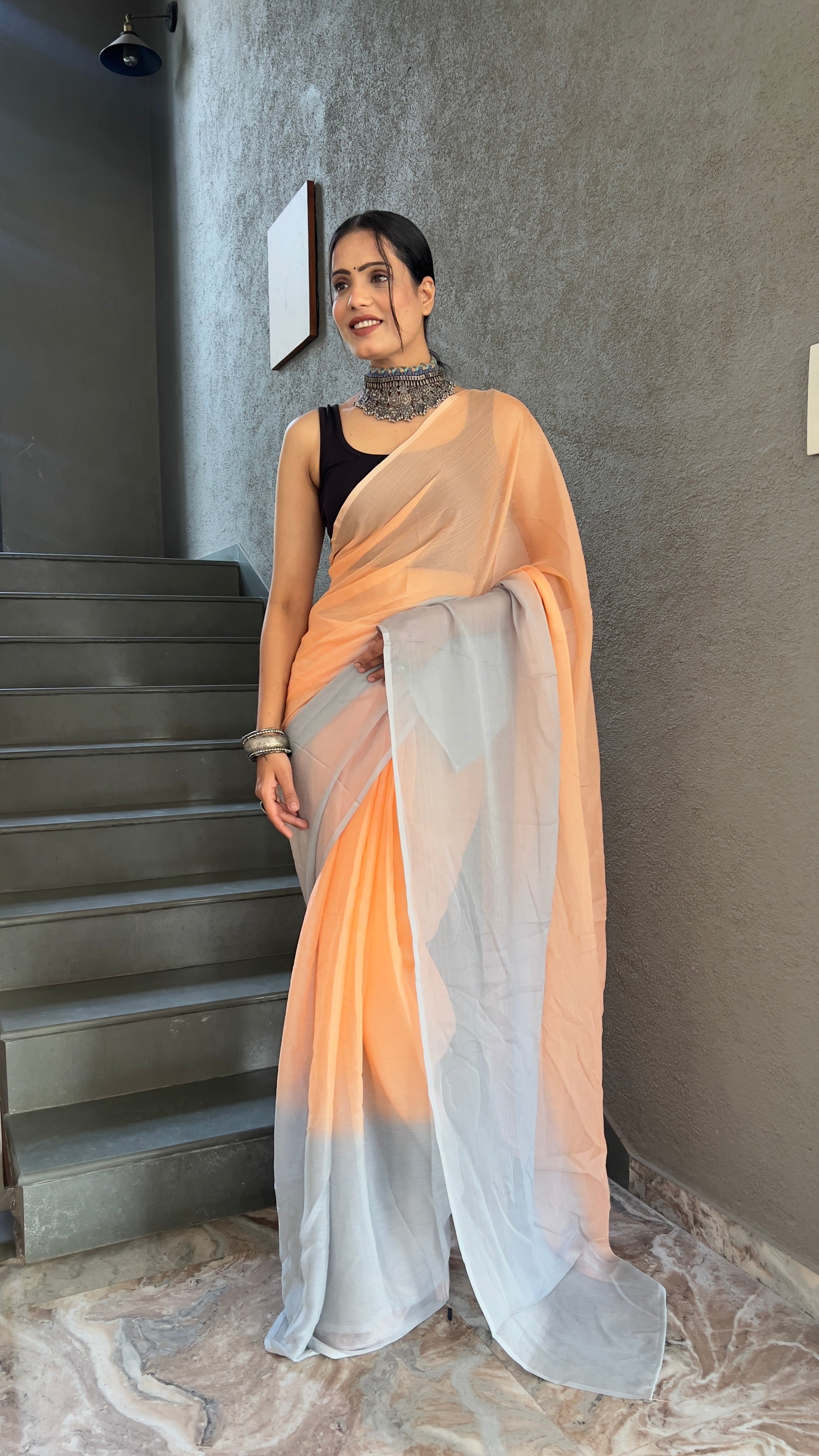 Heena One Minute Ready To Wear Pastle Orange Saree With Unstiched Blouse