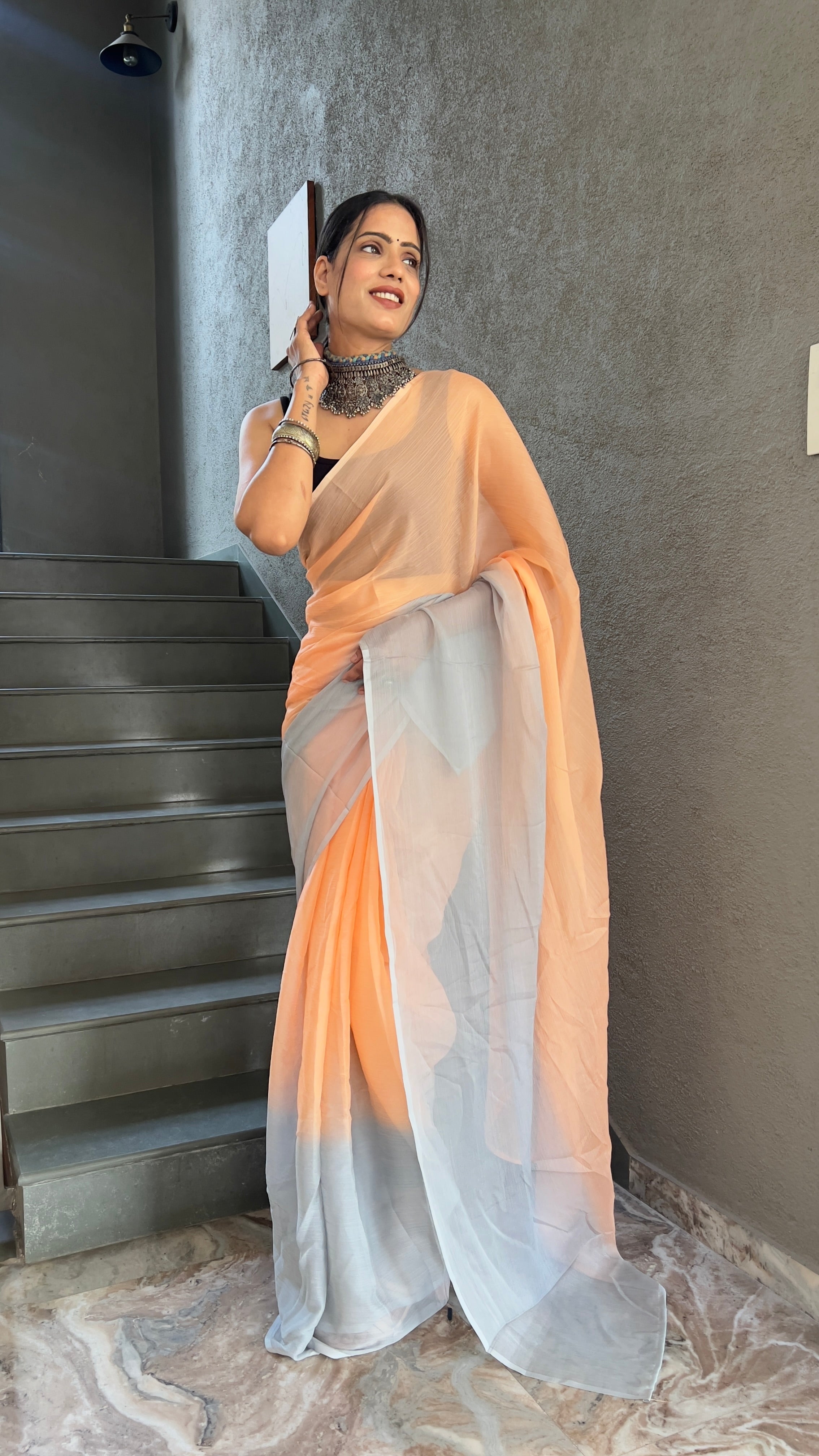 Heena One Minute Ready To Wear Pastle Orange Saree With Unstiched Blouse