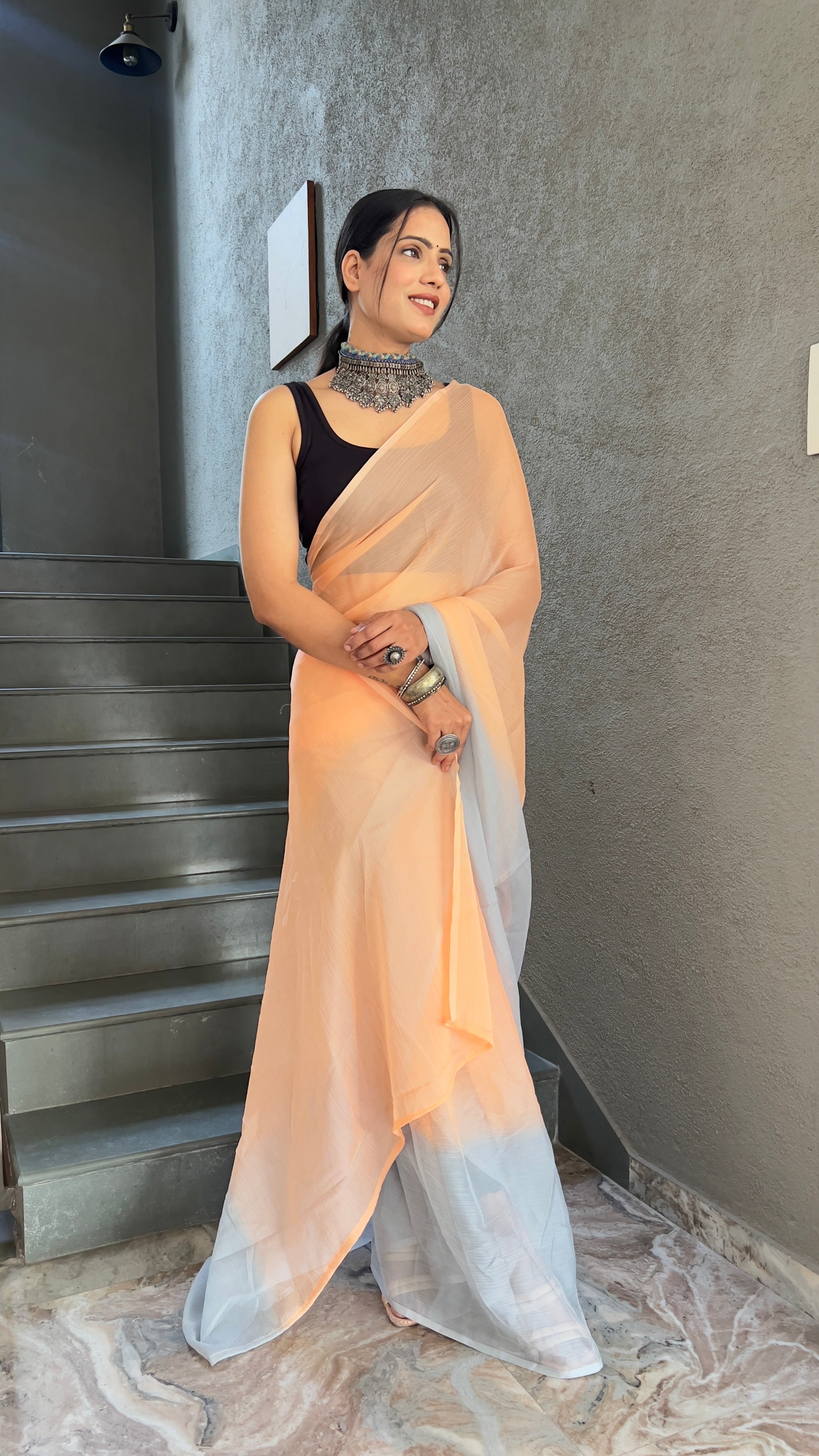 Heena One Minute Ready To Wear Pastle Orange Saree With Unstiched Blouse