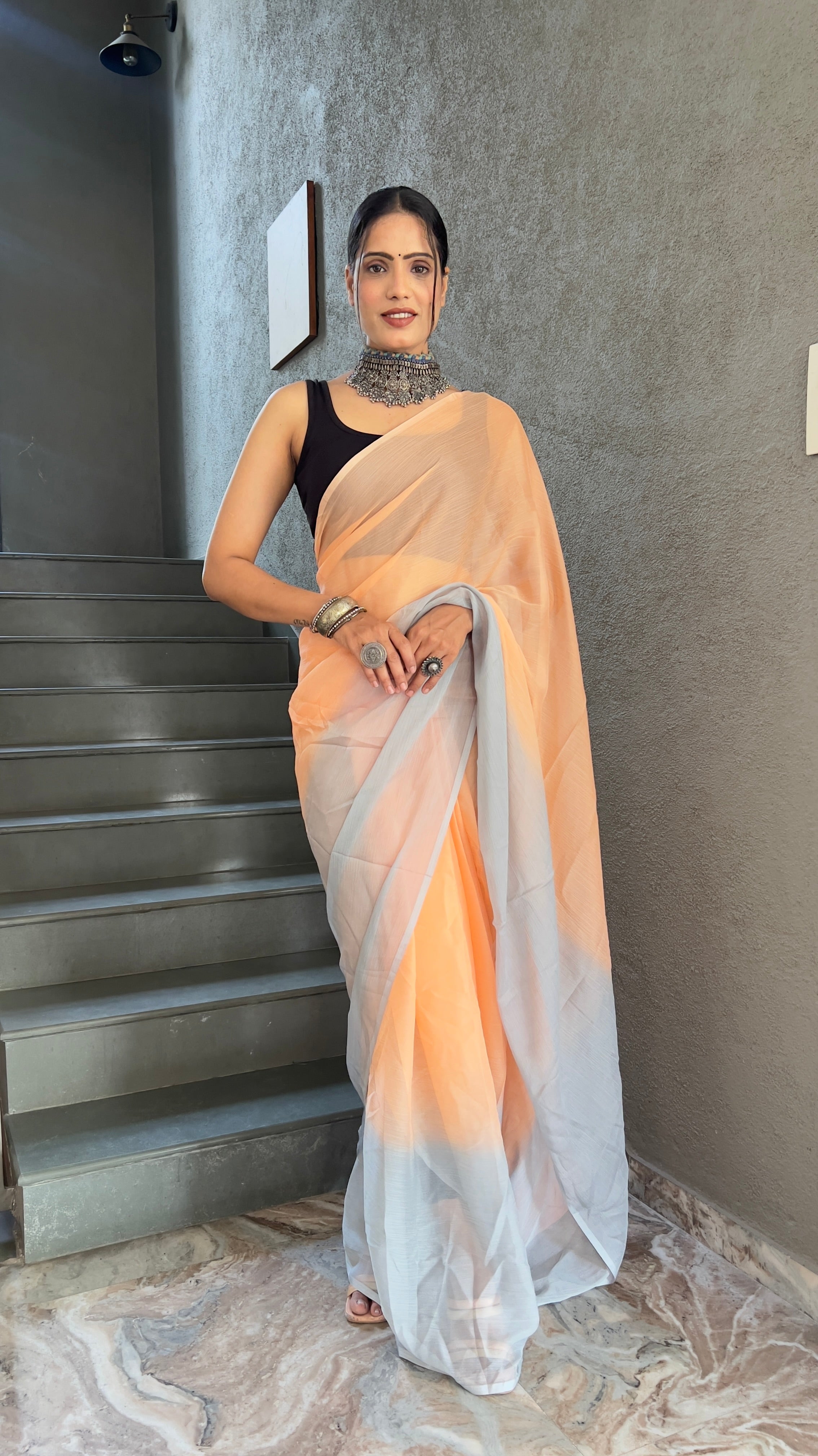 Heena One Minute Ready To Wear Pastle Orange Saree With Unstiched Blouse