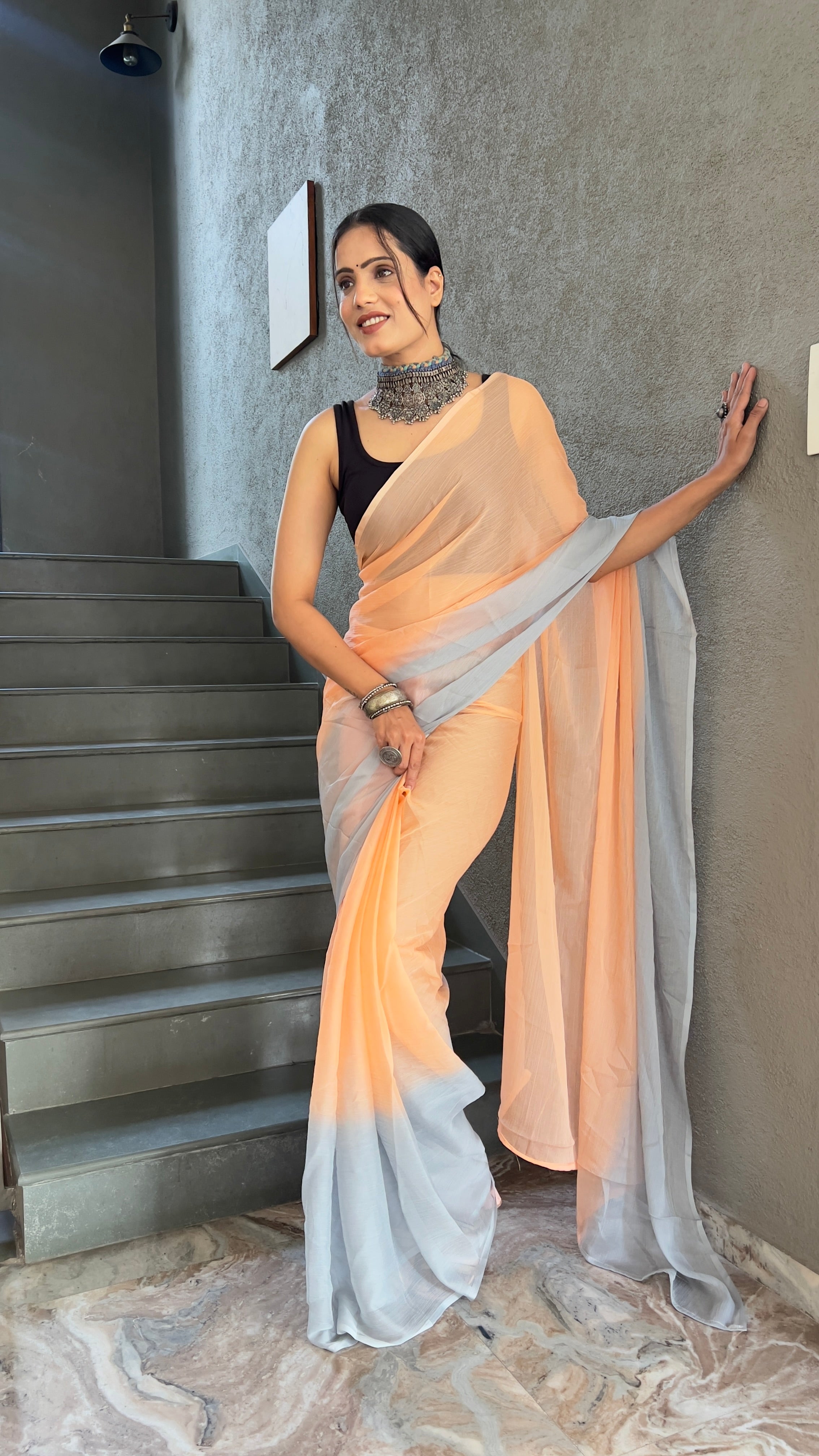 Heena One Minute Ready To Wear Pastle Orange Saree With Unstiched Blouse