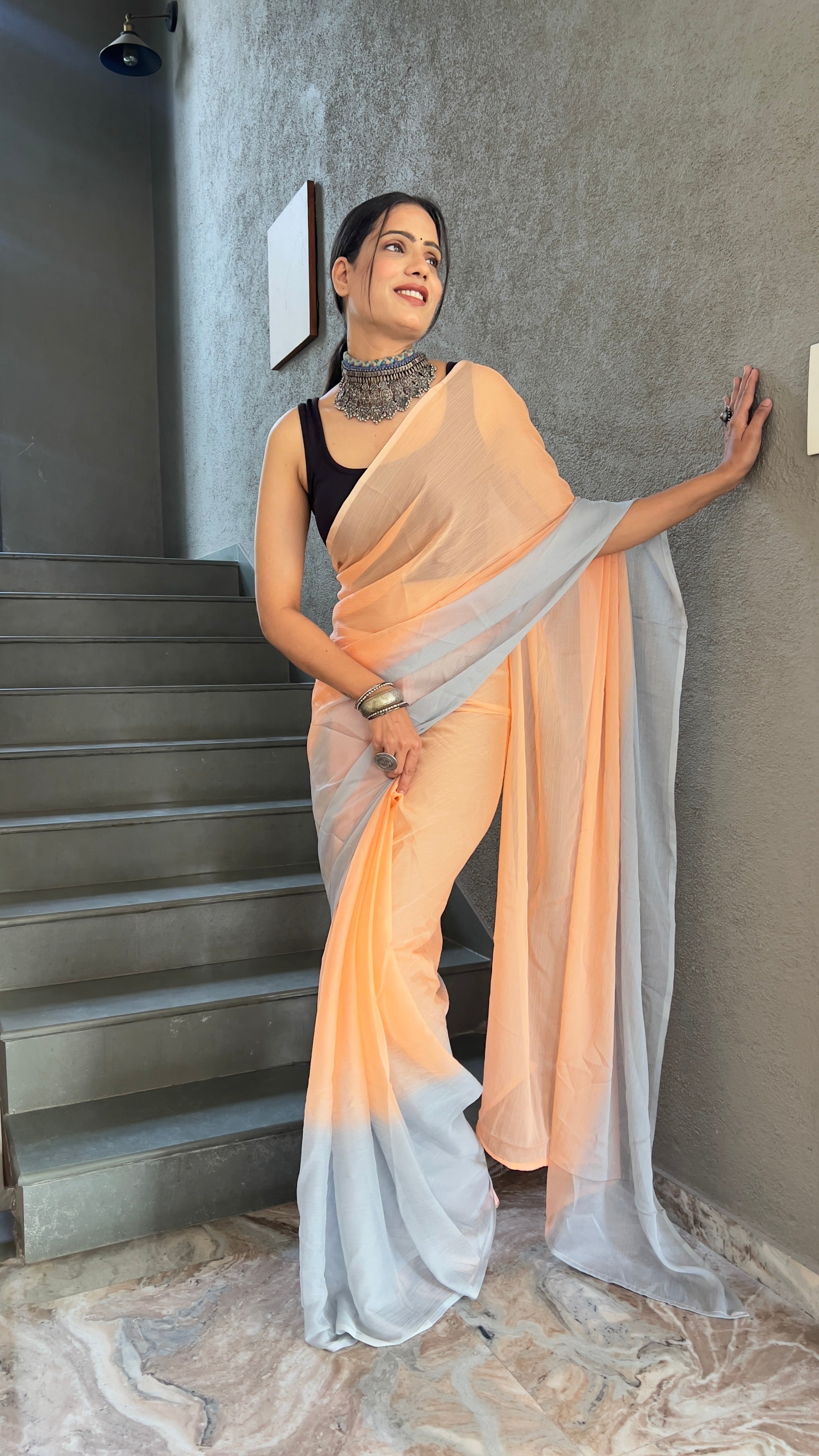 Heena One Minute Ready To Wear Pastle Orange Saree With Unstiched Blouse