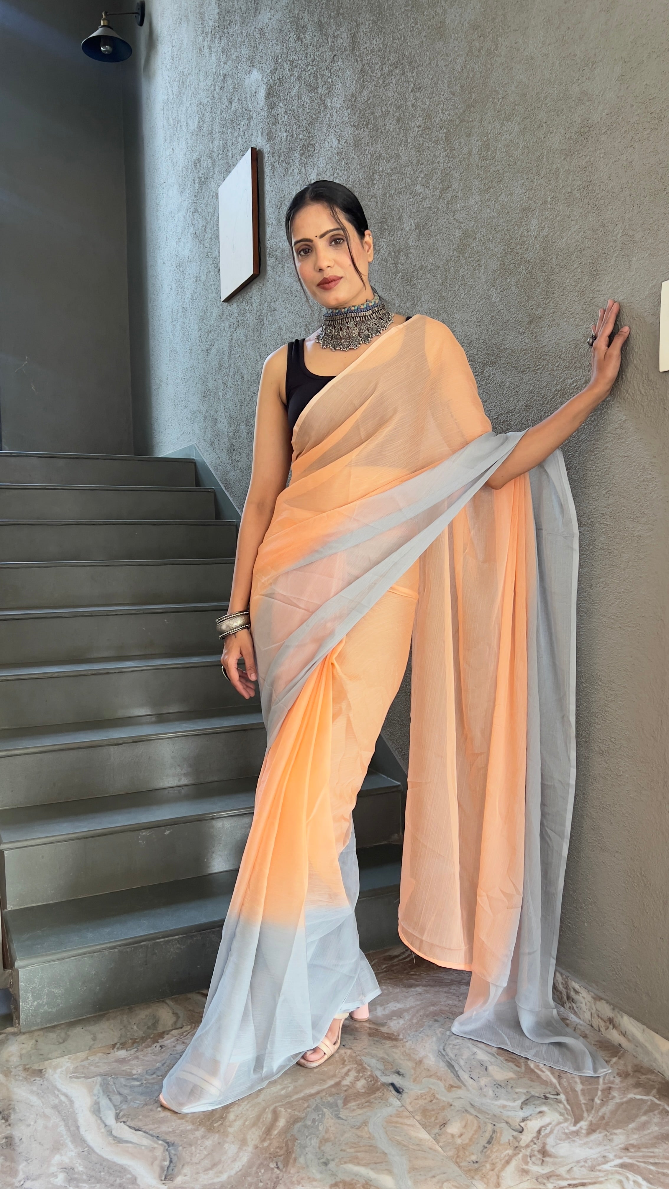 Heena One Minute Ready To Wear Pastle Orange Saree With Unstiched Blouse