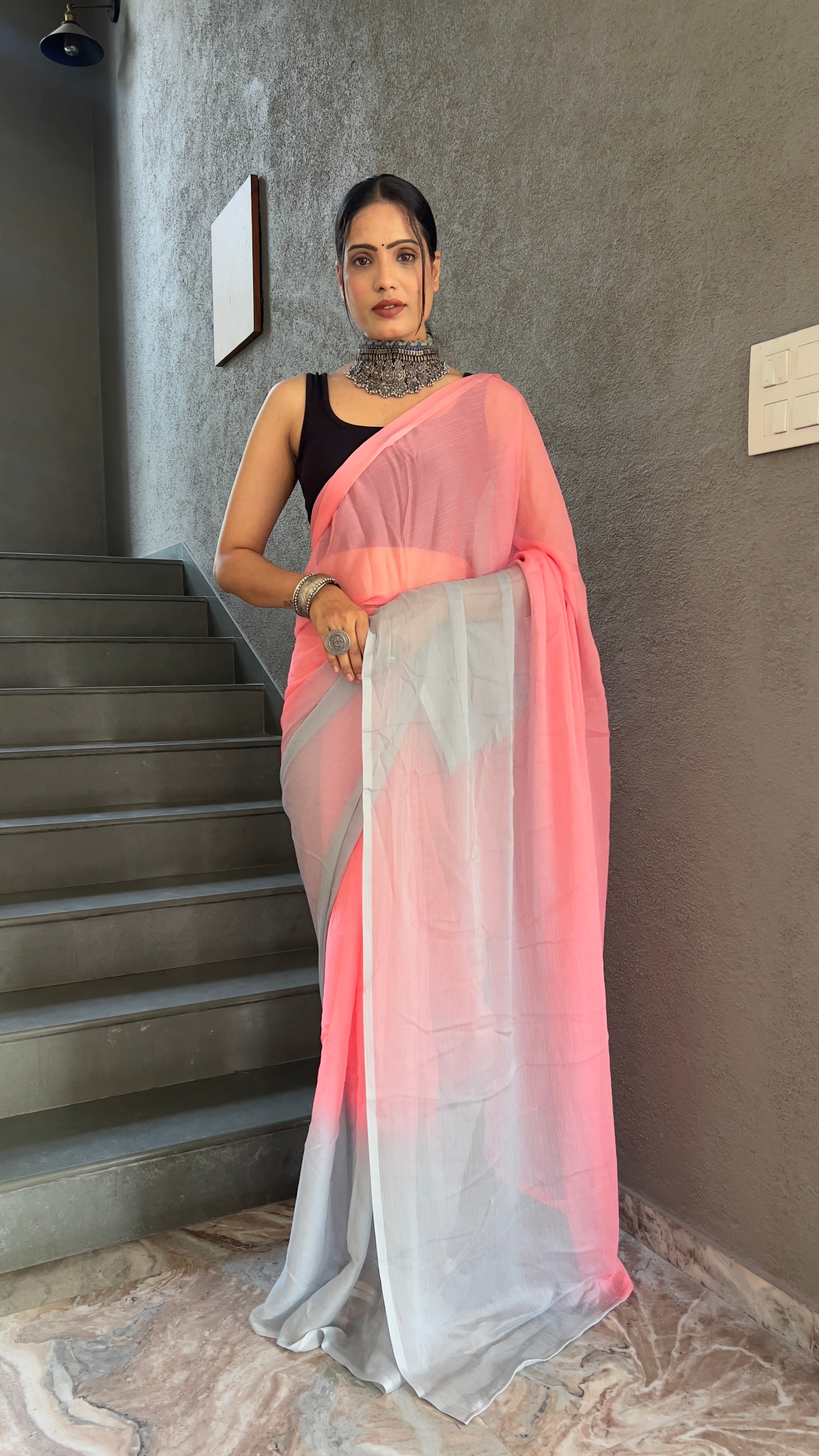 Heena One Minute Ready To Wear Pastel Pink Saree With Unstiched Blouse